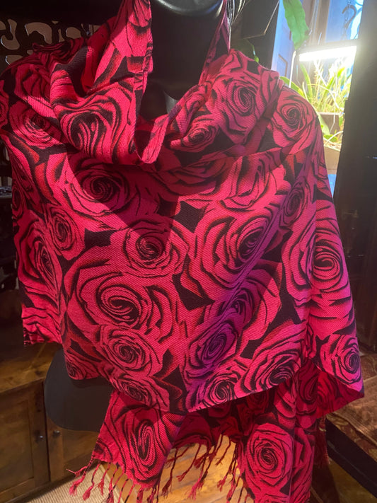 Vintage Valentine Fuscha Pink Black Rose Pashmina Wrap Shawl Scarf