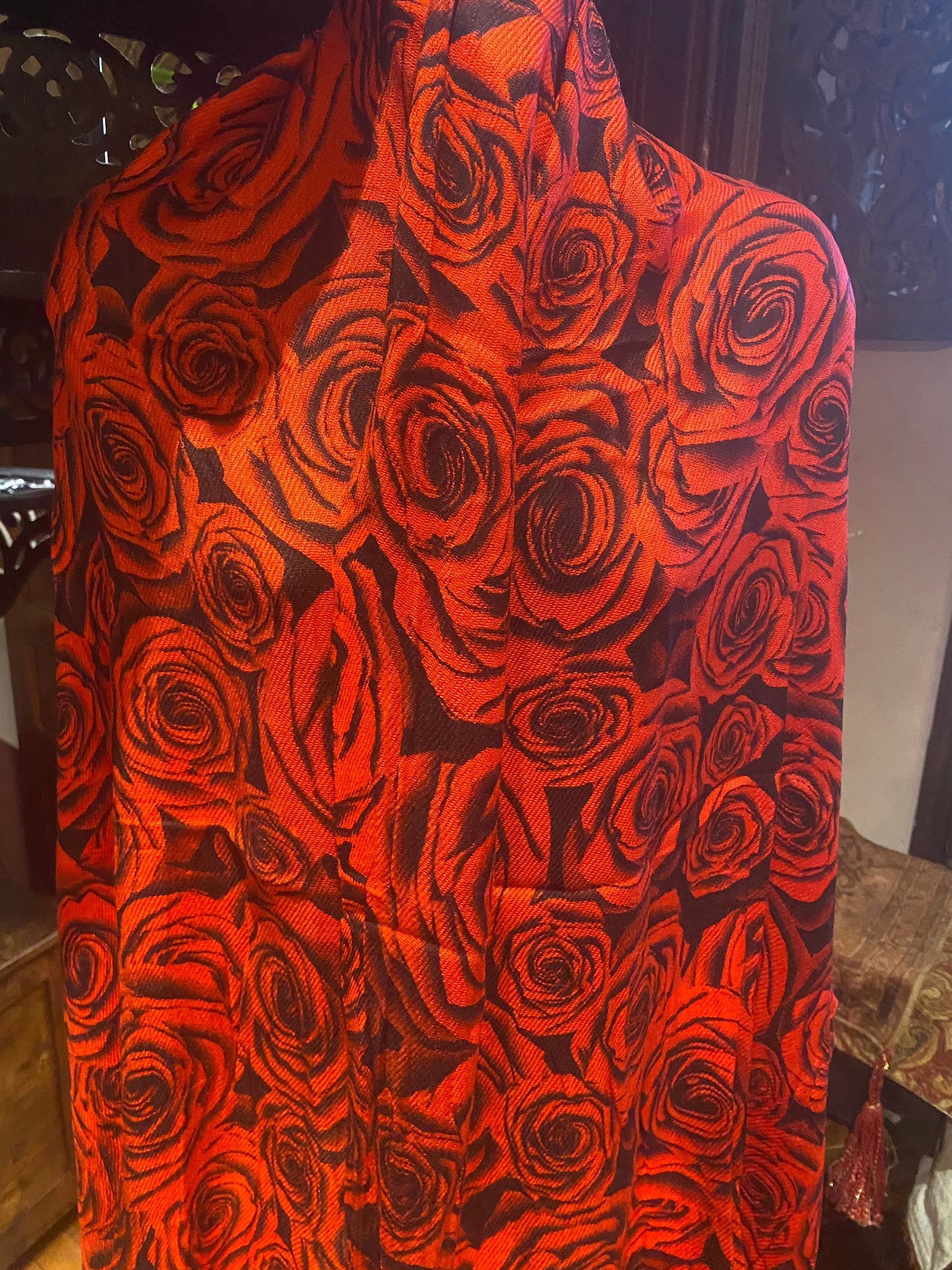 Vintage Valentine Red Black Rose Pashmina Wrap Shawl Scarf