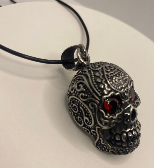 Vintage Silver Stainless Steel Red Austrian Crystal Skull Pendant Necklace