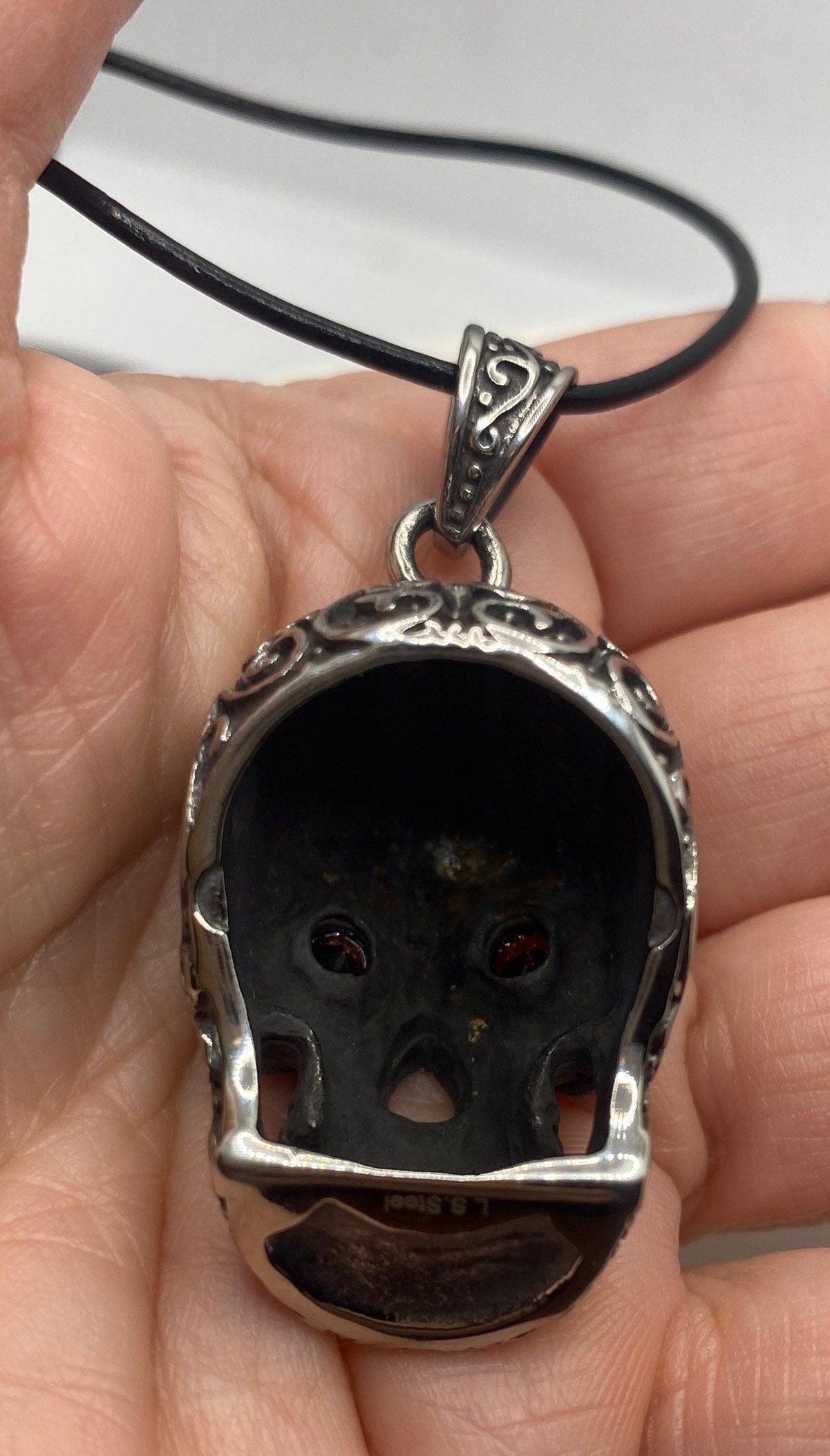 Vintage Silver Stainless Steel Red Austrian Crystal Skull Pendant Necklace