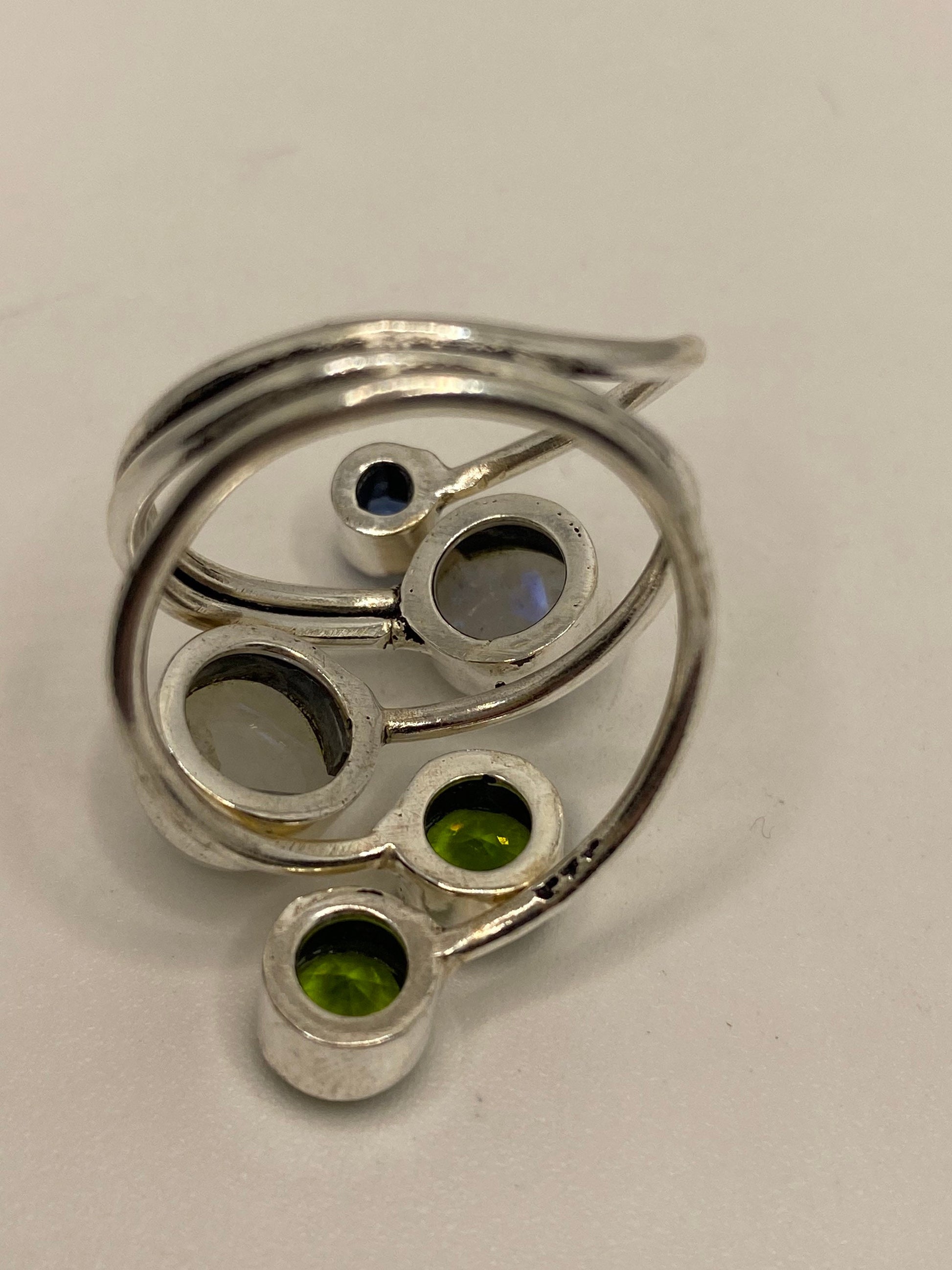 Vintage Large Blue White Rainbow Moonstone Peridot Stone Silver Adjustable Ring