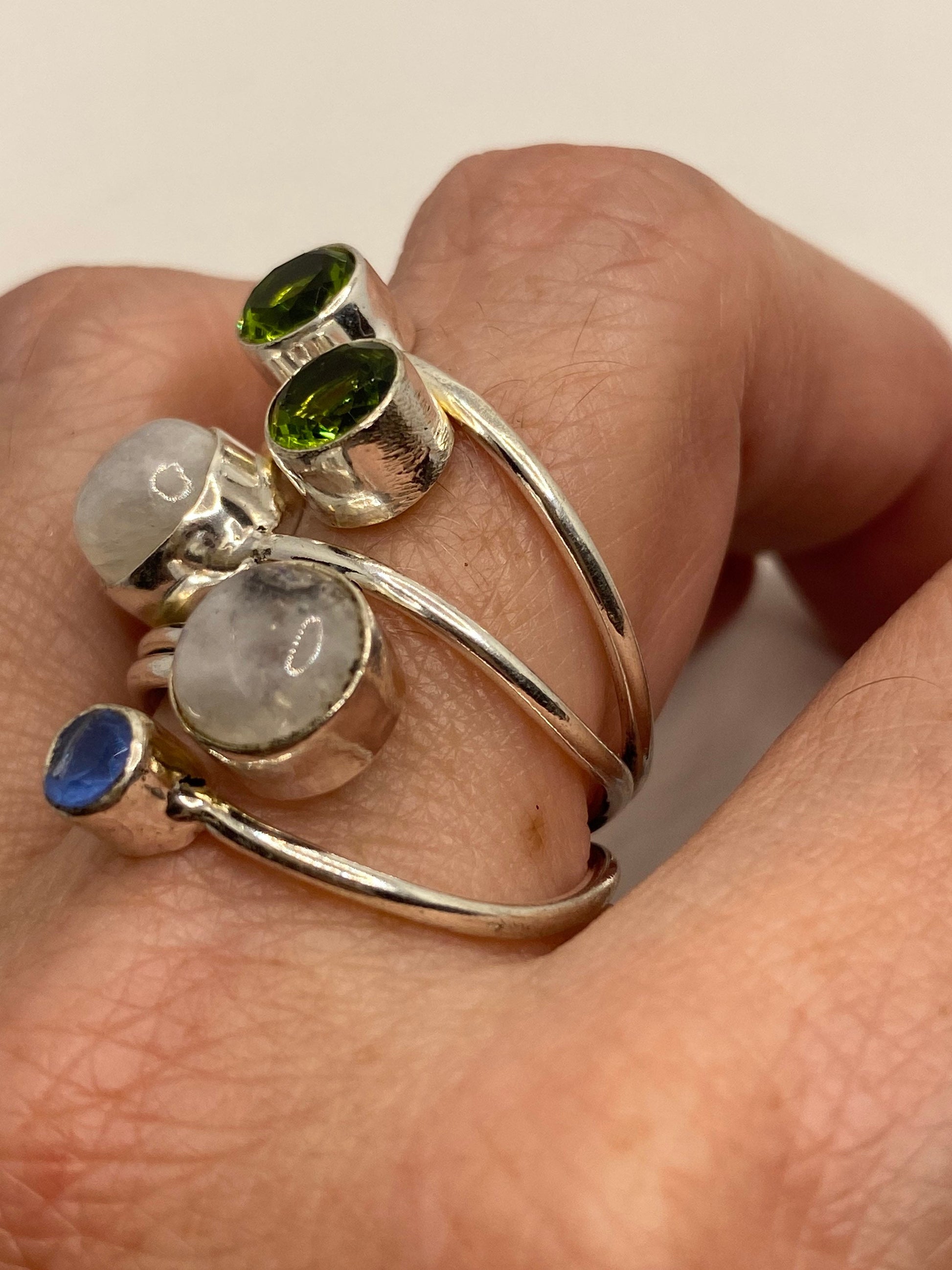 Vintage Large Blue White Rainbow Moonstone Peridot Stone Silver Adjustable Ring