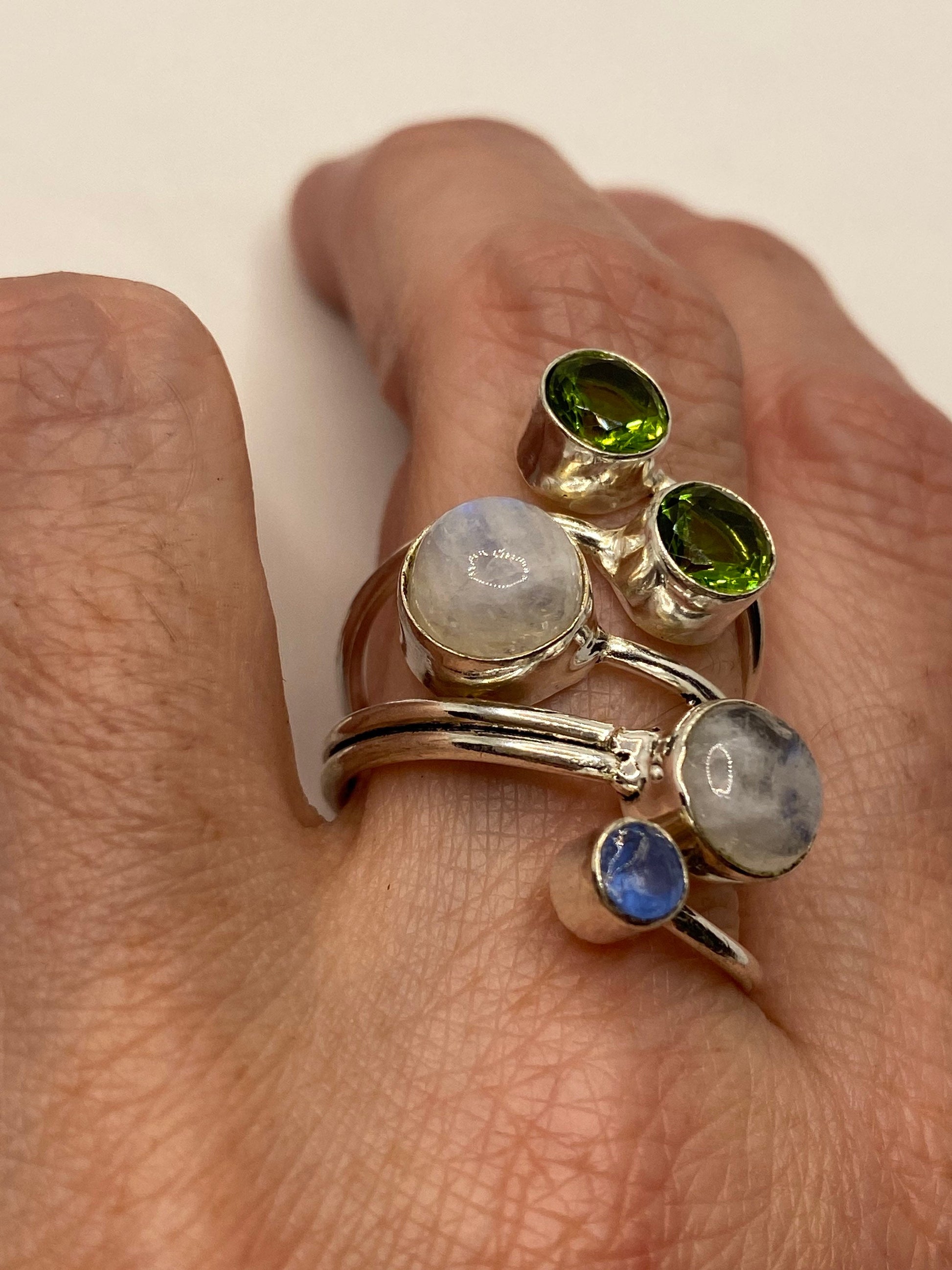 Vintage Large Blue White Rainbow Moonstone Peridot Stone Silver Adjustable Ring