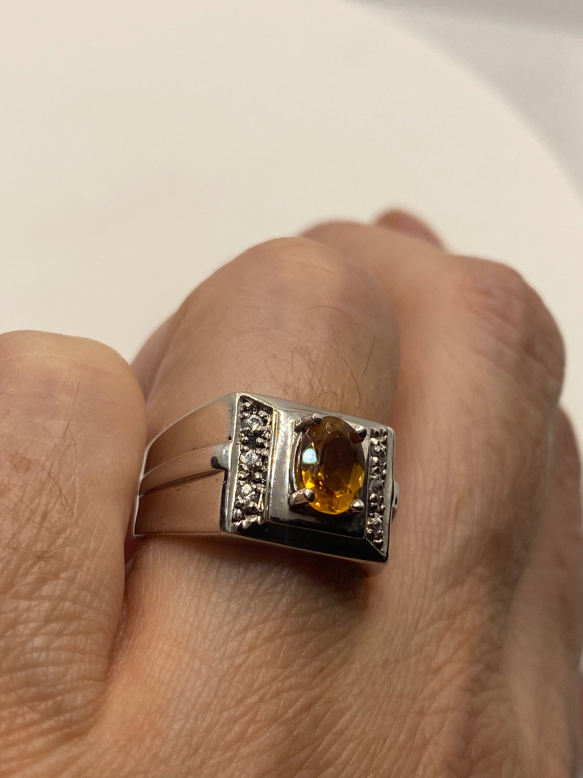 Vintage Golden Citrine and White Sapphire 925 Sterling Silver Ring