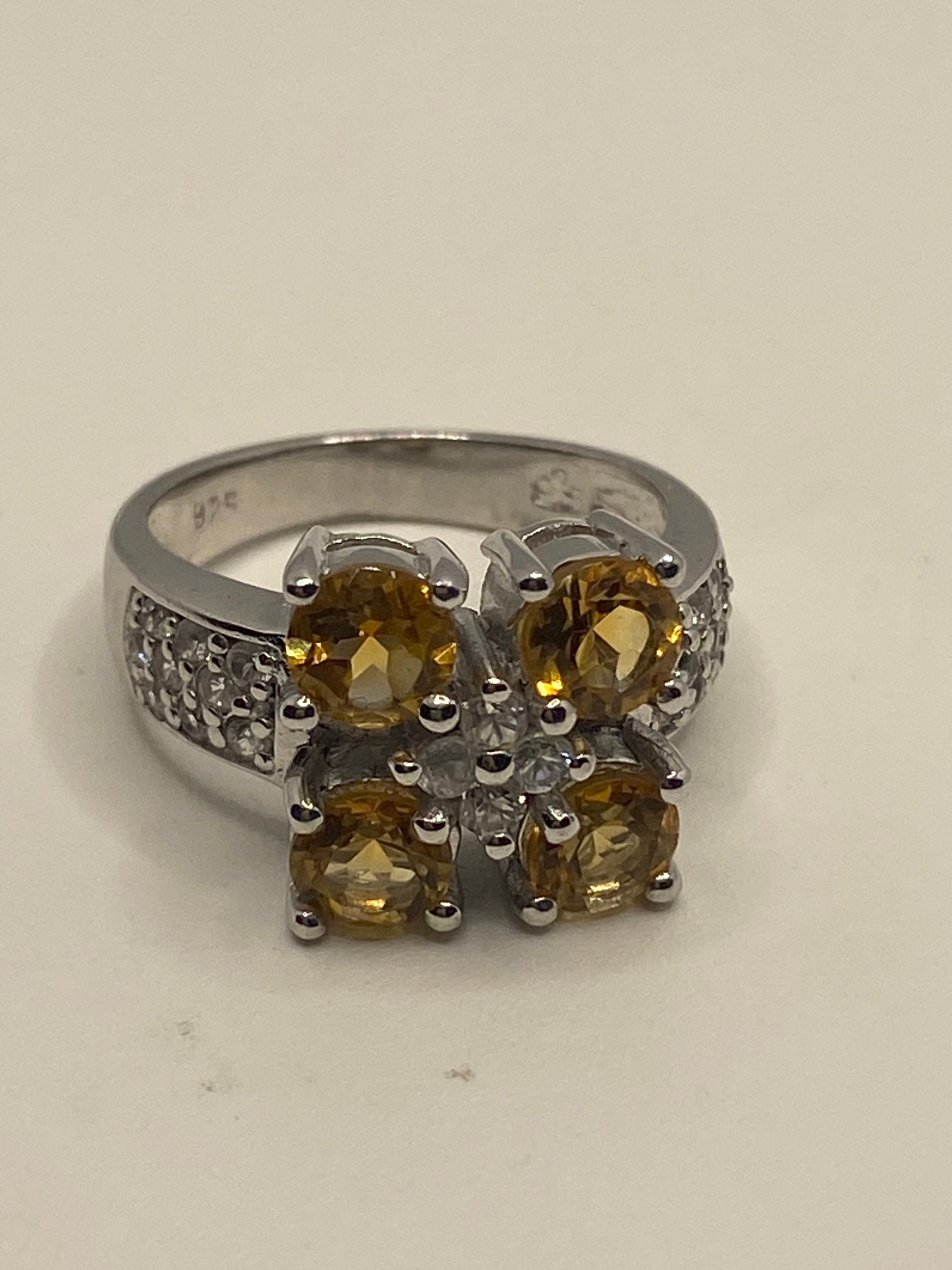 Vintage Golden Citrine and White Sapphire 925 Sterling Silver Ring