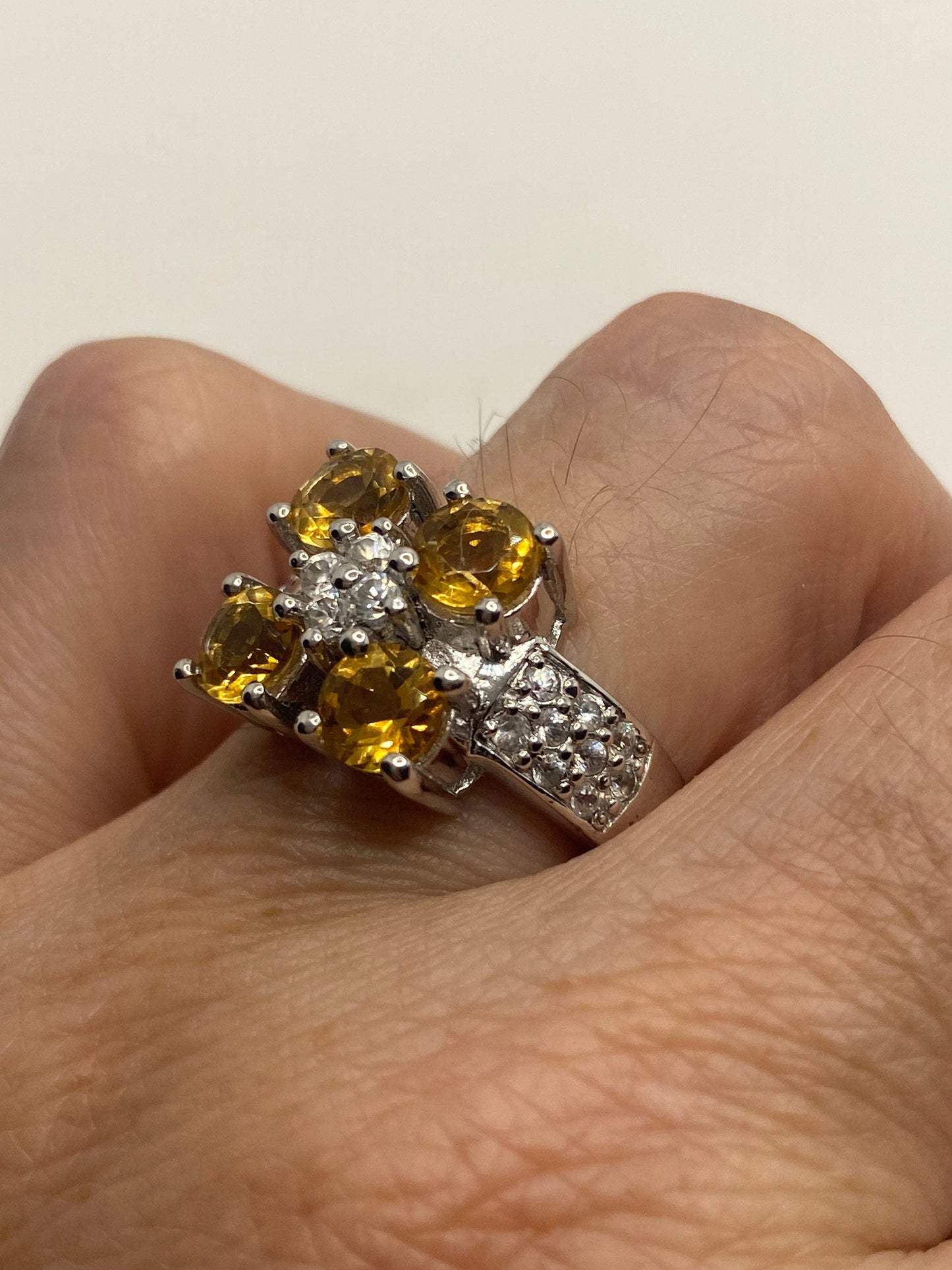 Vintage Golden Citrine and White Sapphire 925 Sterling Silver Ring