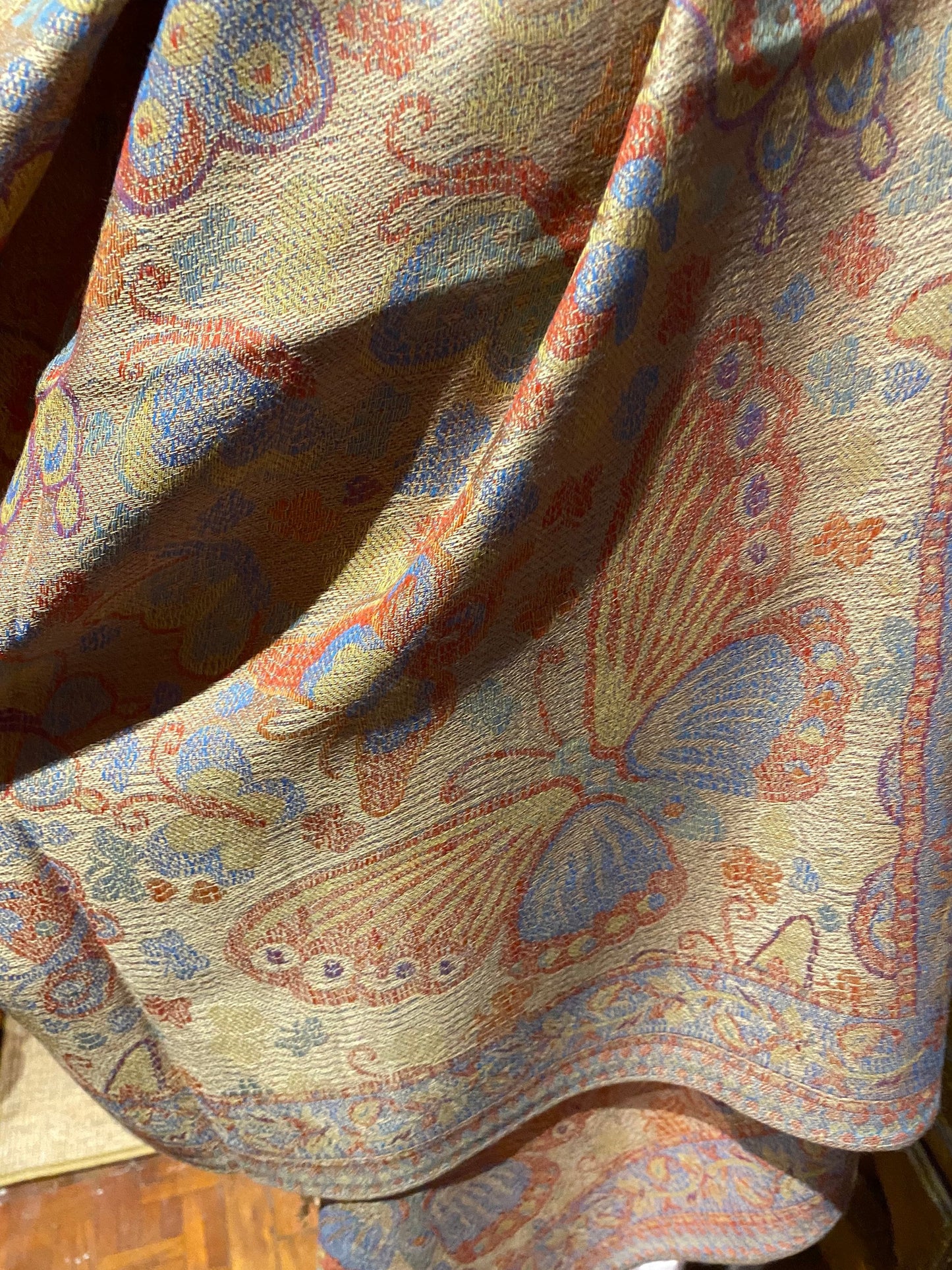 Vintage Jamawar Paisley Butterfly Brocade Pashmina Scarf Wrap Shawl