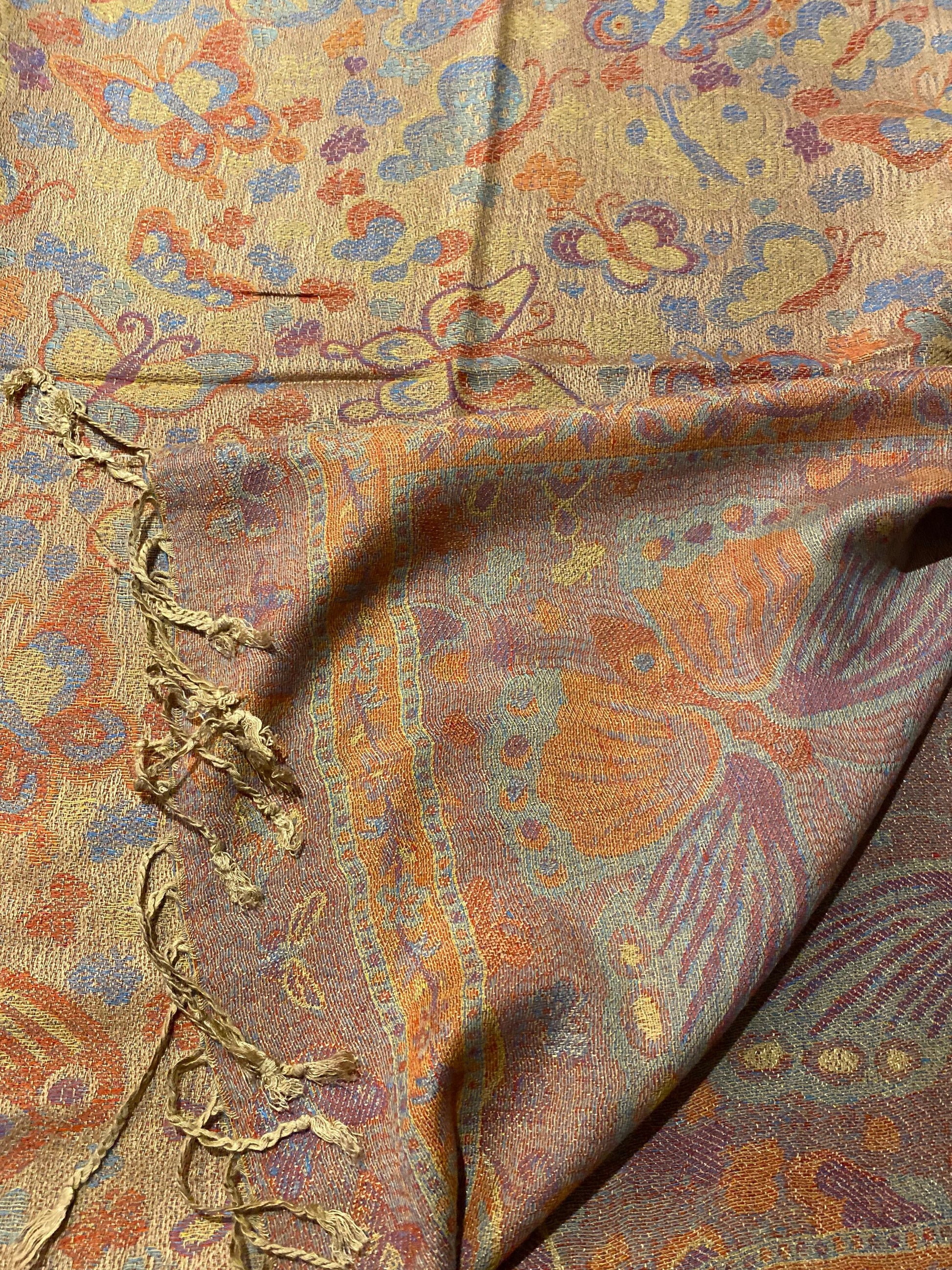 Vintage Jamawar Paisley Butterfly Brocade Pashmina Scarf Wrap Shawl