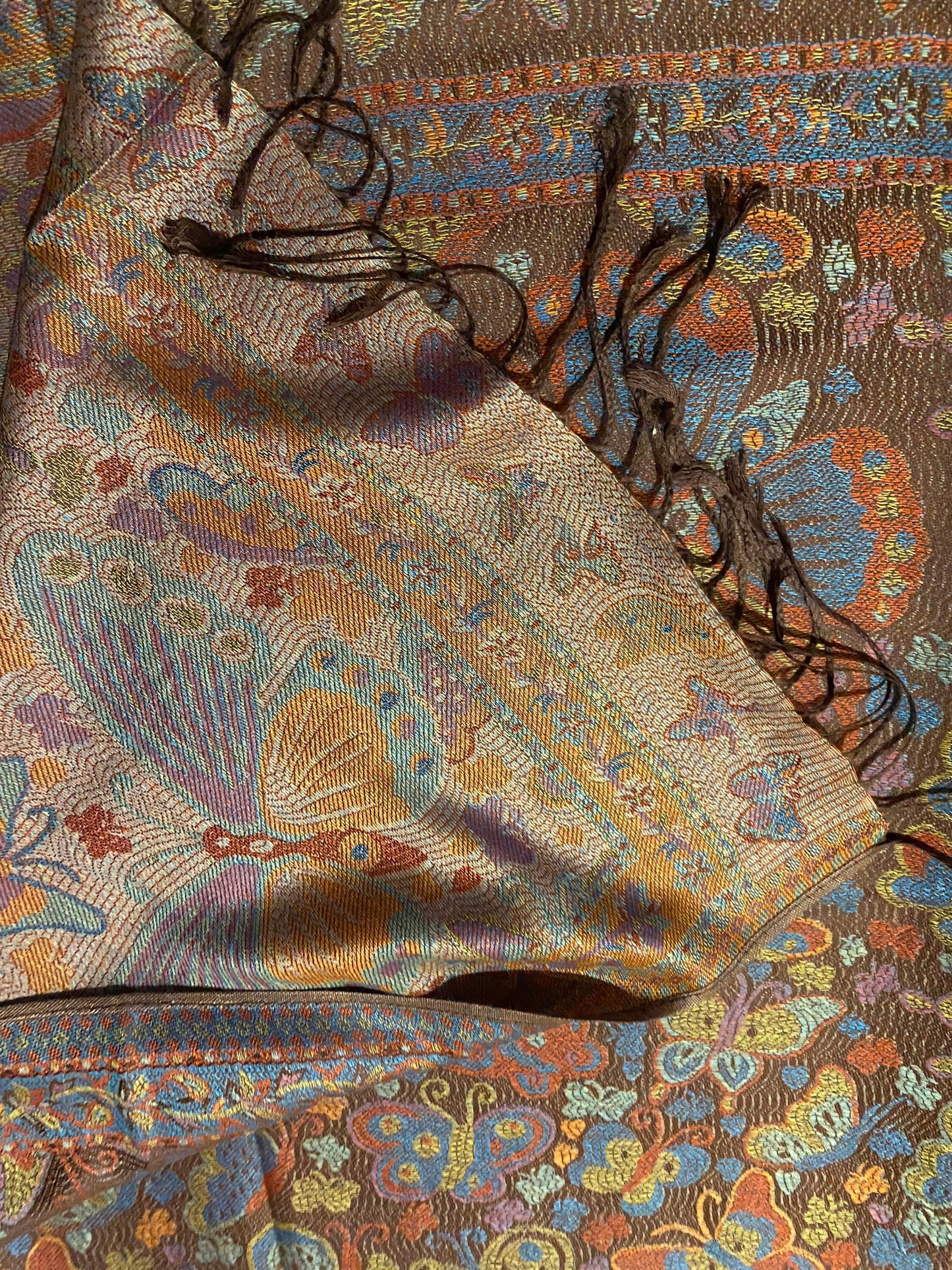 Vintage Brown Jamawar Paisley Butterfly Brocade Pashmina Scarf Wrap Shawl