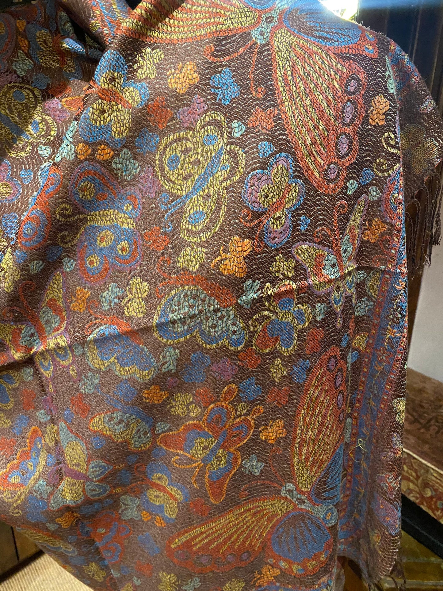 Vintage Brown Jamawar Paisley Butterfly Brocade Pashmina Scarf Wrap Shawl