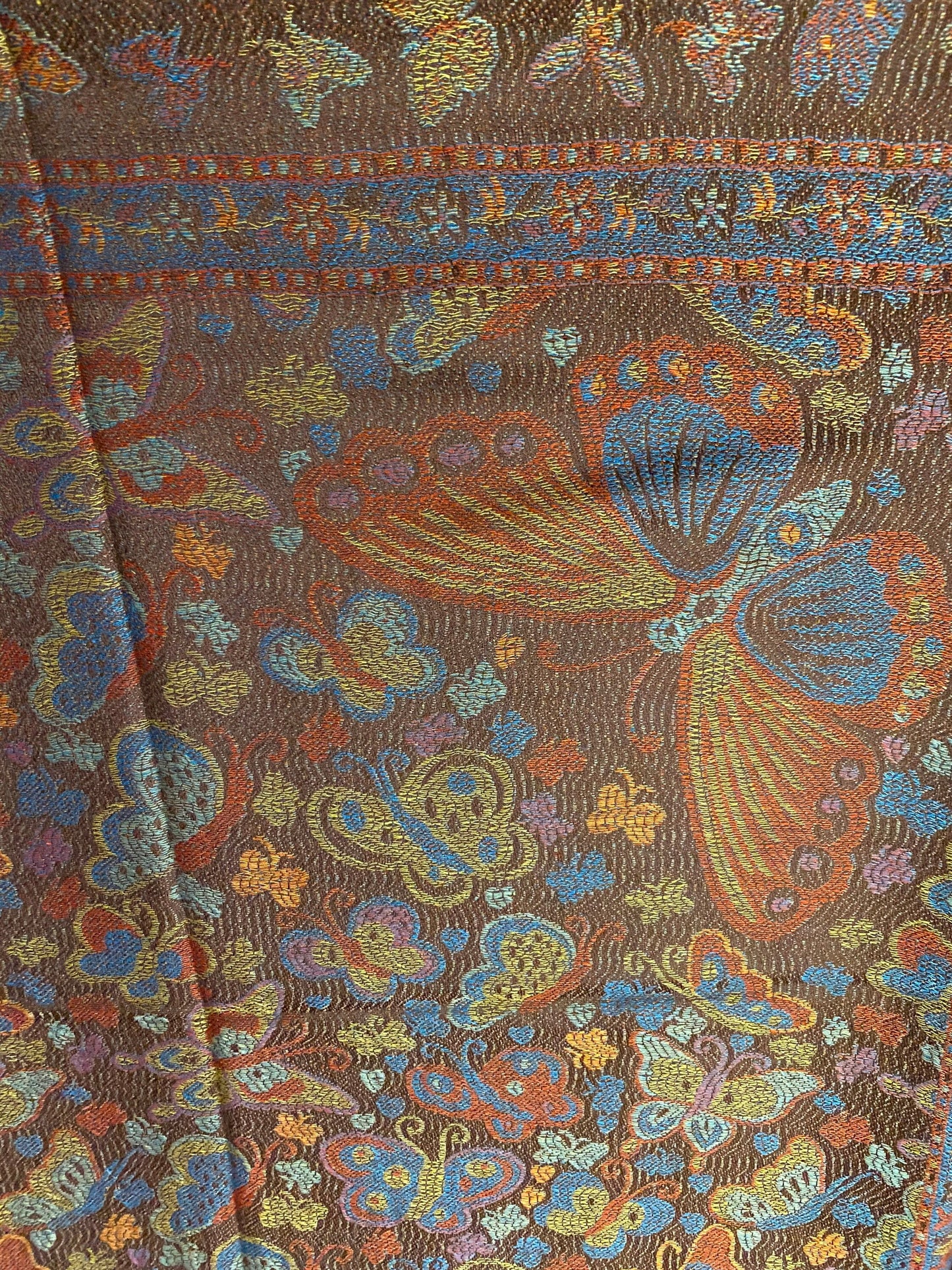 Vintage Brown Jamawar Paisley Butterfly Brocade Pashmina Scarf Wrap Shawl