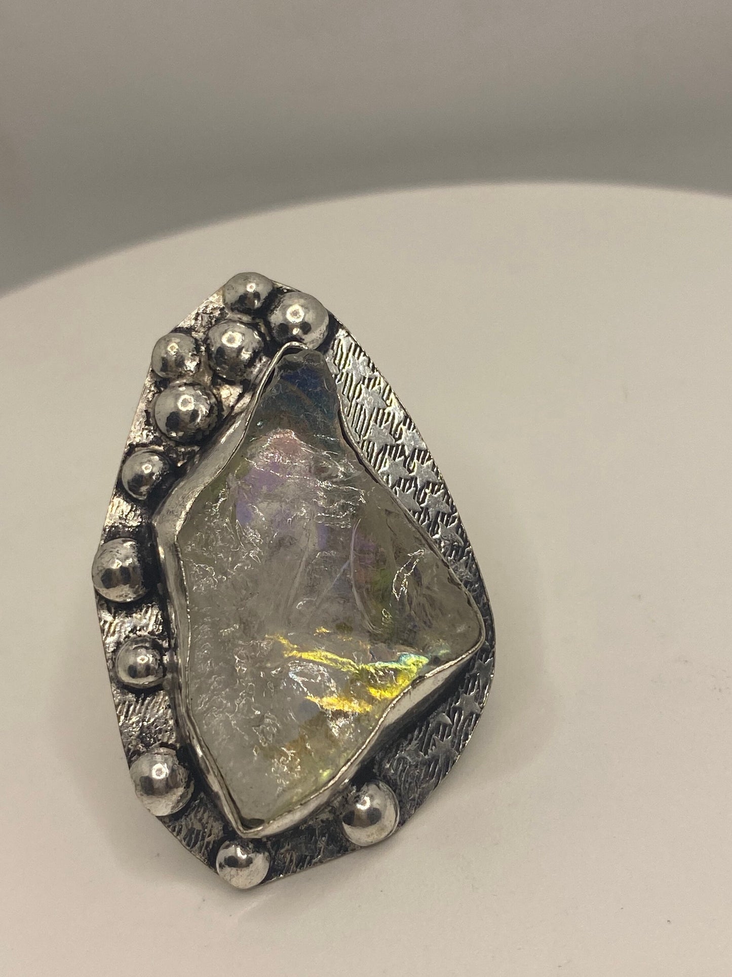 Vintage Mystic Clear Topaz Stone Silver Cocktail Statement Ring