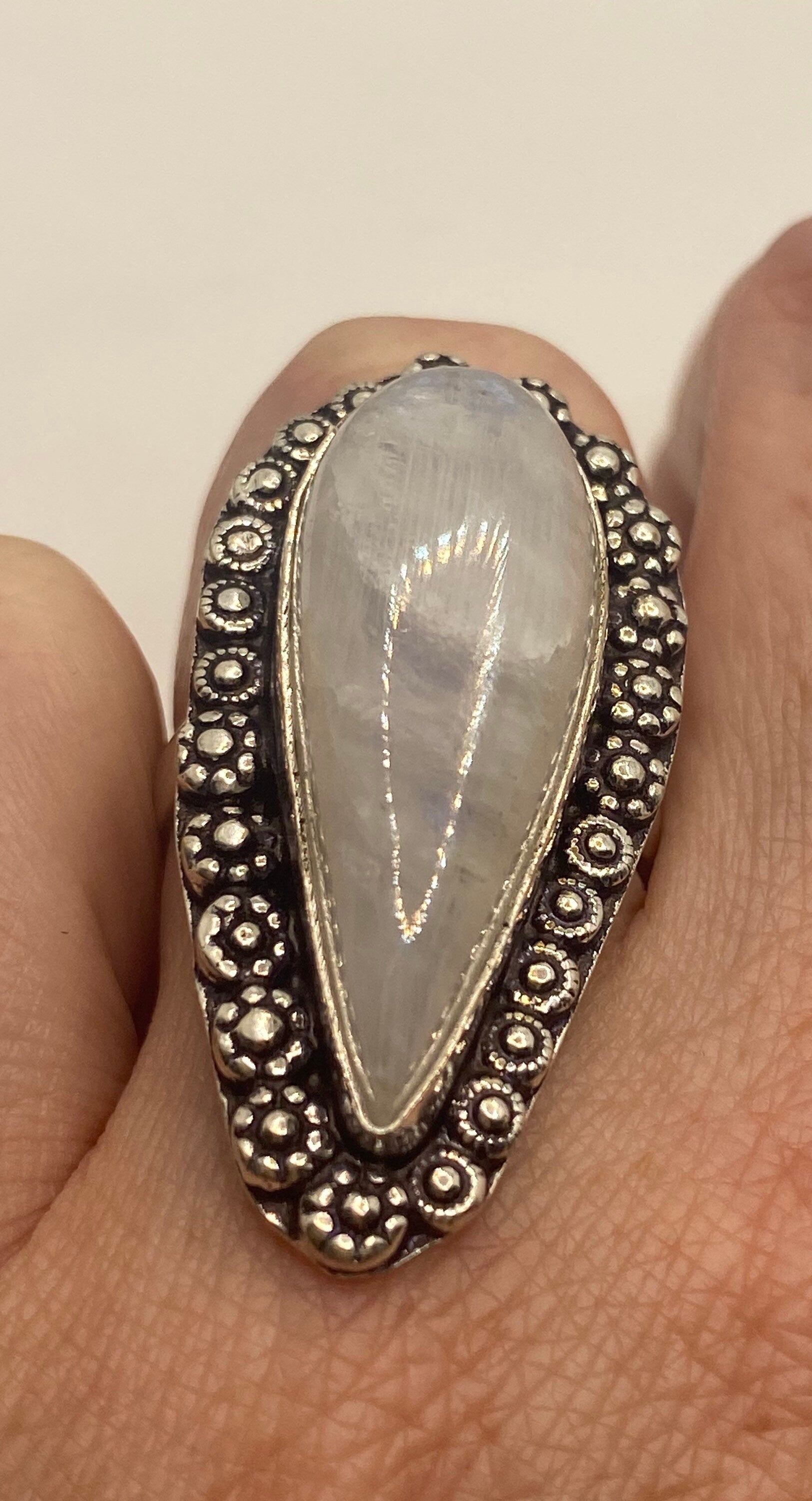 Vintage Genuine Blue White Rainbow Moonstone Ring Size 8