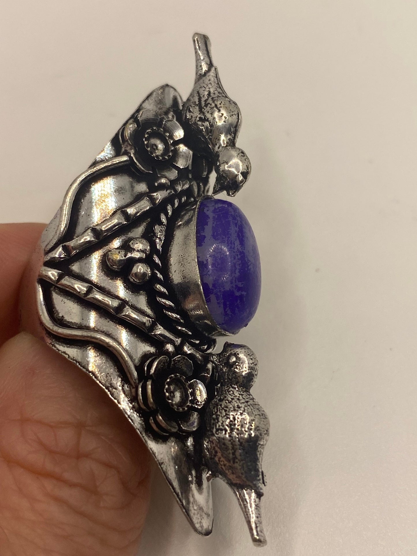 Vintage Purple White Rainbow Moonstone Bird Statement Ring