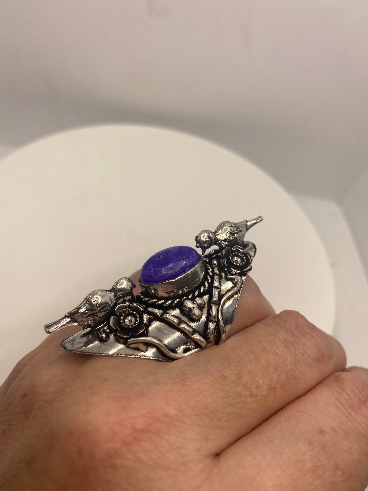 Vintage Purple White Rainbow Moonstone Bird Statement Ring