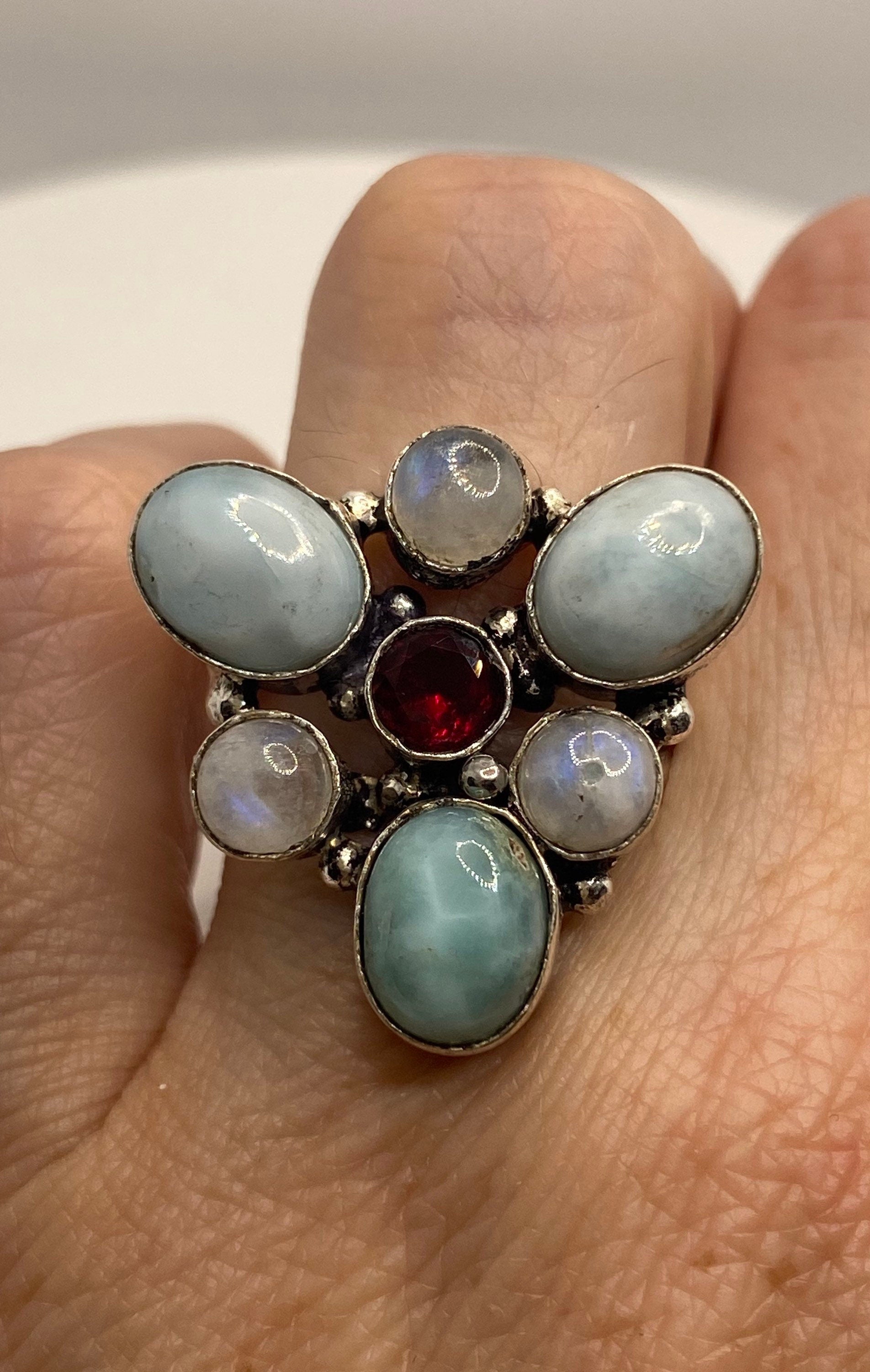 Vintage Blue Larimar White Rainbow Moonstone Stone Silver Ring