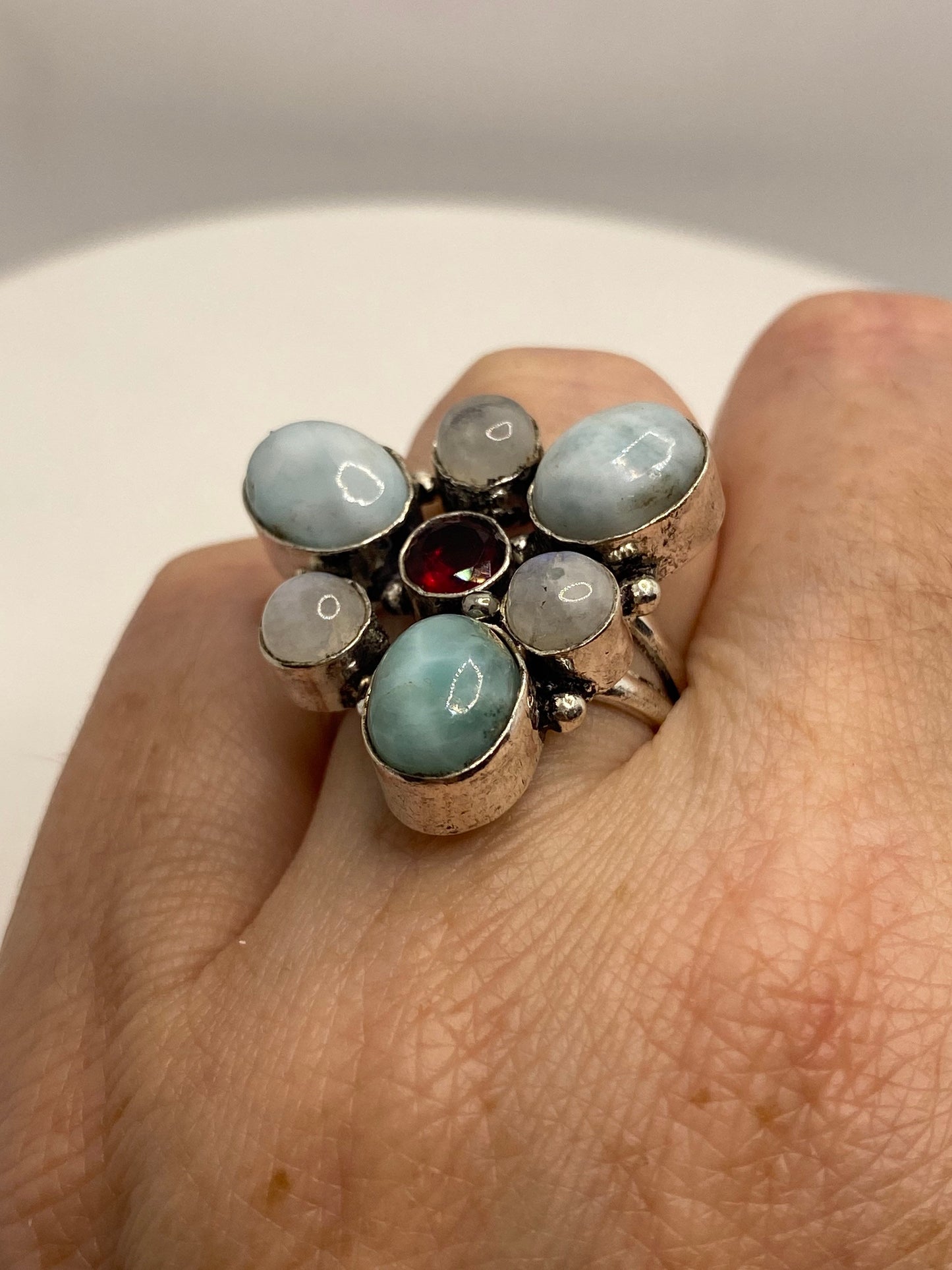 Vintage Blue Larimar White Rainbow Moonstone Stone Silver Ring