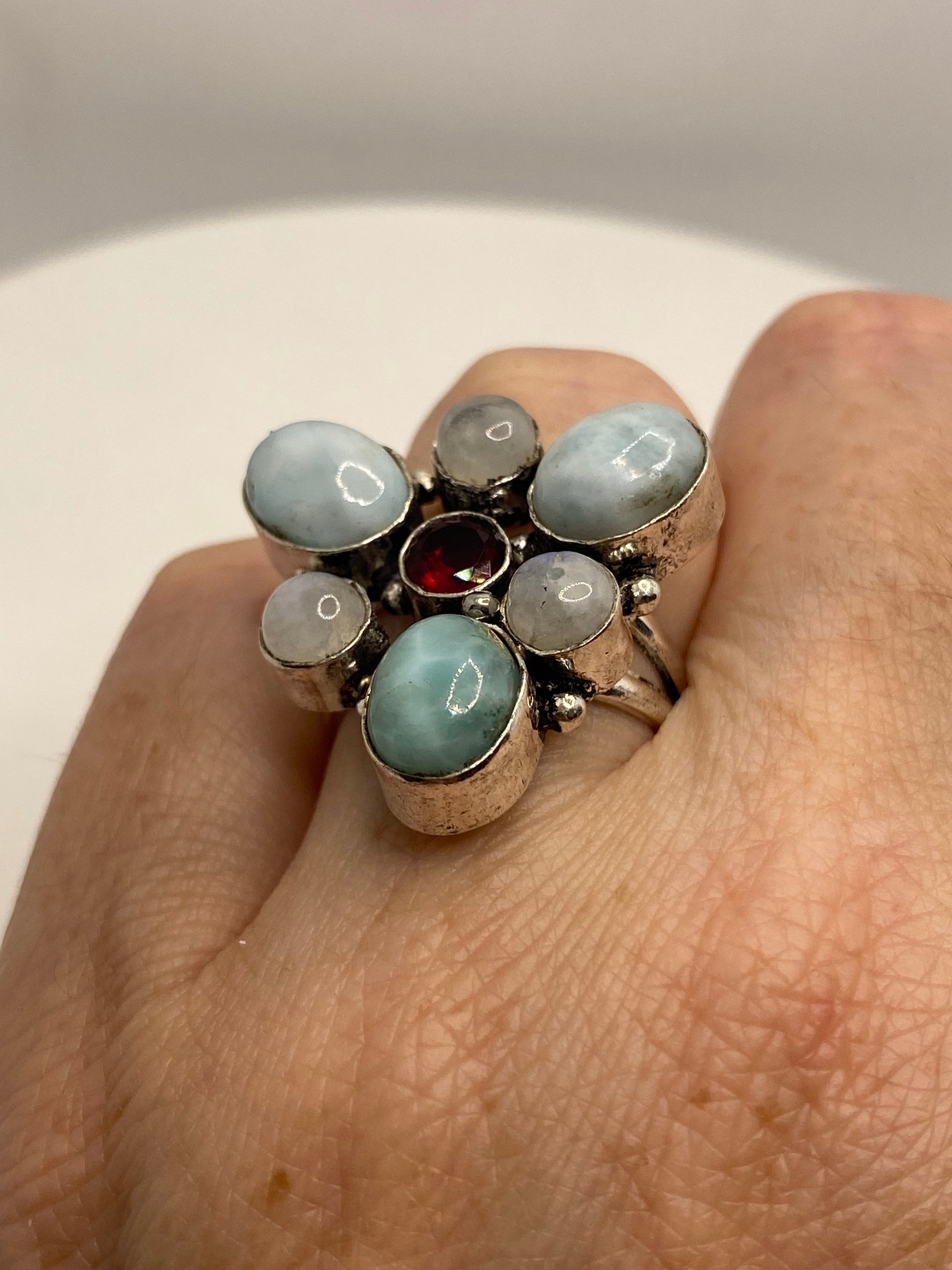 Vintage Blue Larimar White Rainbow Moonstone Stone Silver Ring