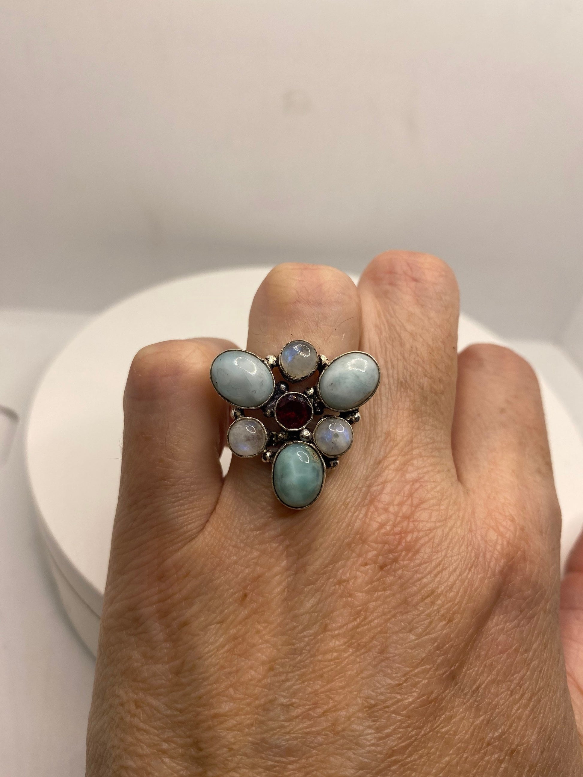 Vintage Blue Larimar White Rainbow Moonstone Stone Silver Ring
