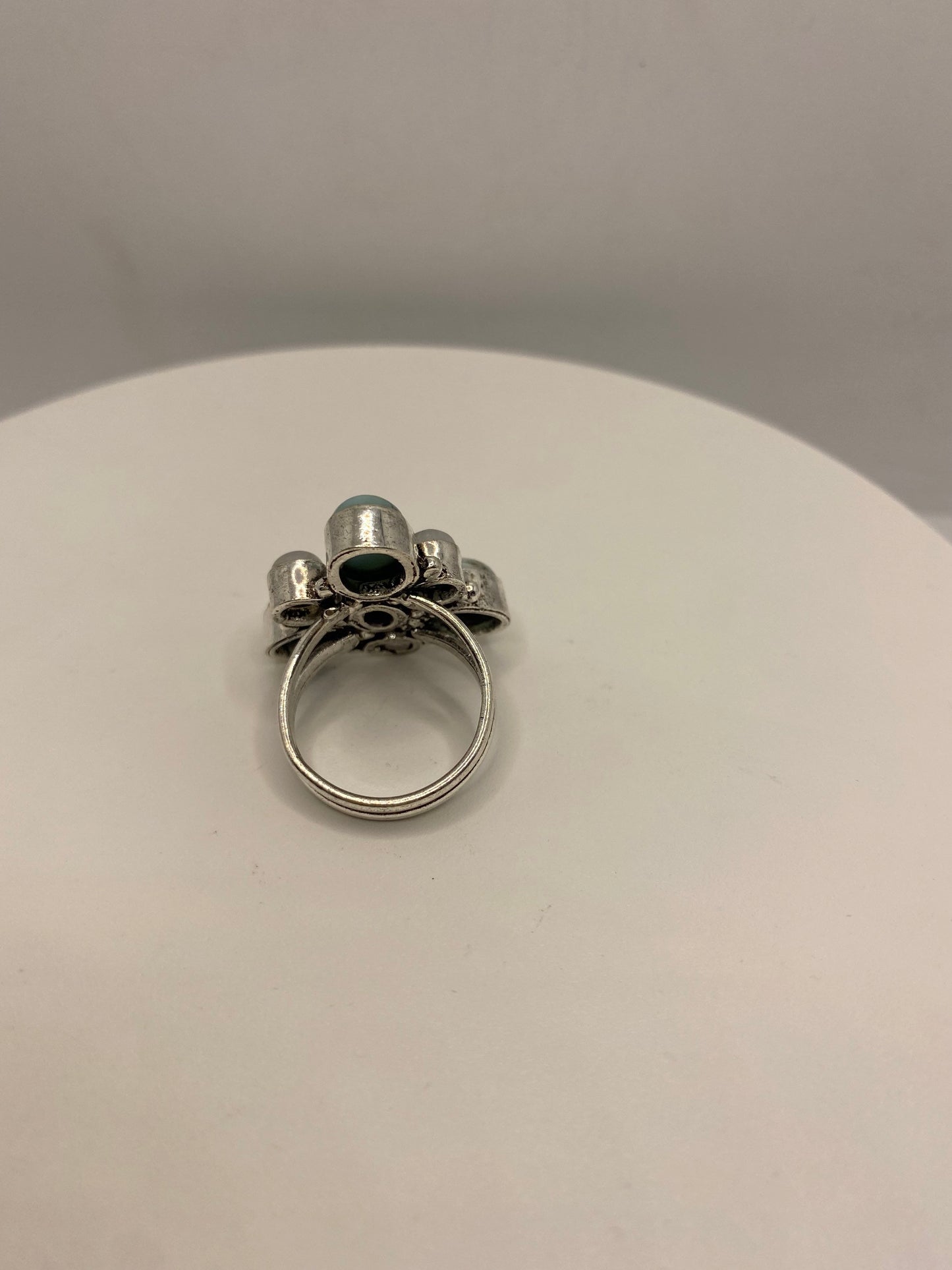 Vintage Blue Larimar White Rainbow Moonstone Stone Silver Ring