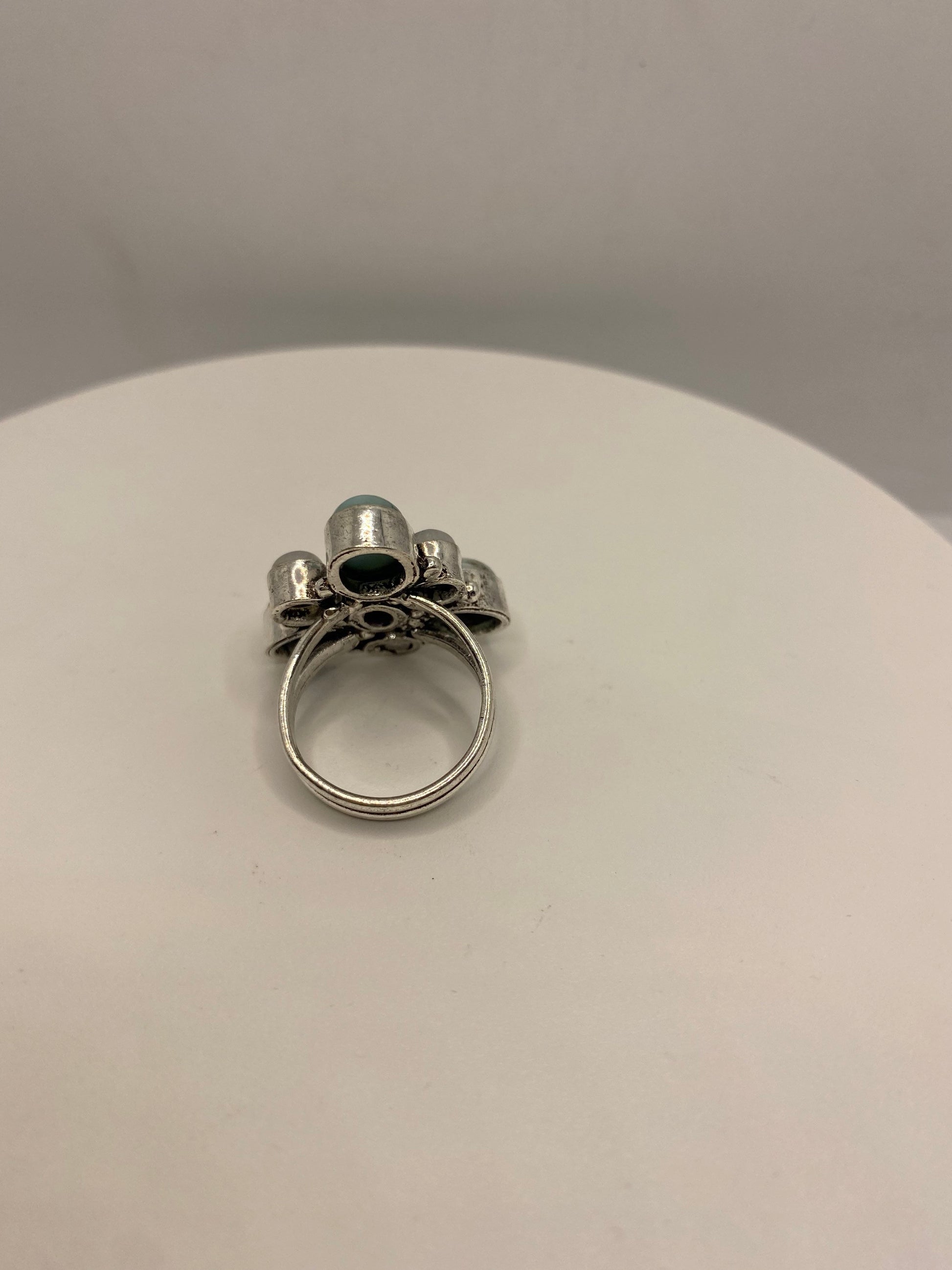 Vintage Blue Larimar White Rainbow Moonstone Stone Silver Ring