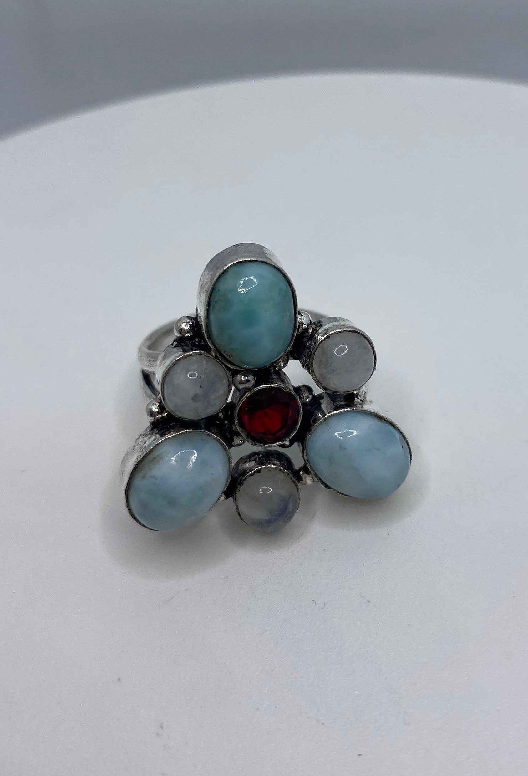 Vintage Blue Larimar White Rainbow Moonstone Stone Silver Ring