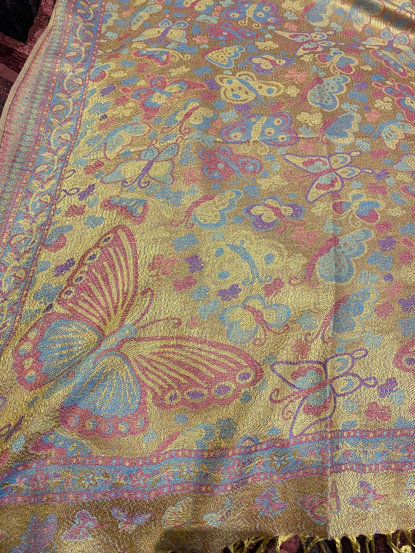 Vintage Jamawar Paisley Butterfly Brocade Pashmina Scarf Wrap Shawl