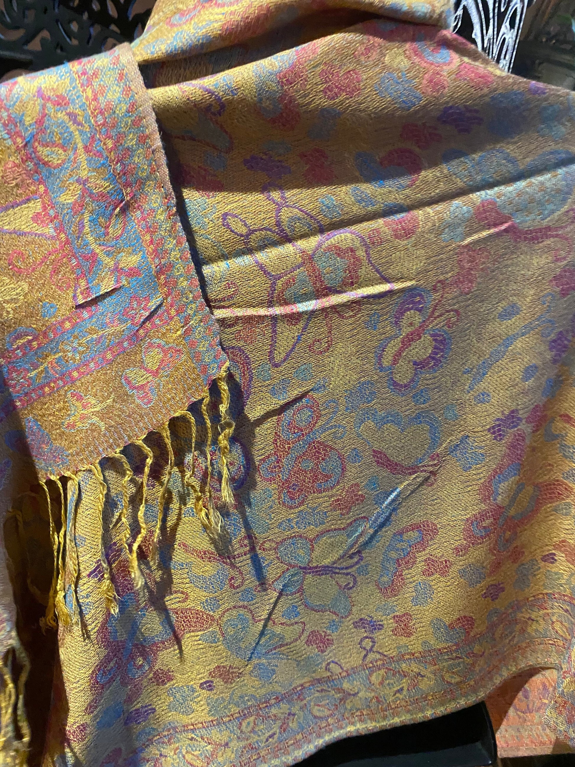 Vintage Jamawar Paisley Butterfly Brocade Pashmina Scarf Wrap Shawl