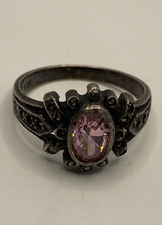 Vintage Pink Ice CZ White Sapphire Deco Marcasite Ring 925 Sterling Silver