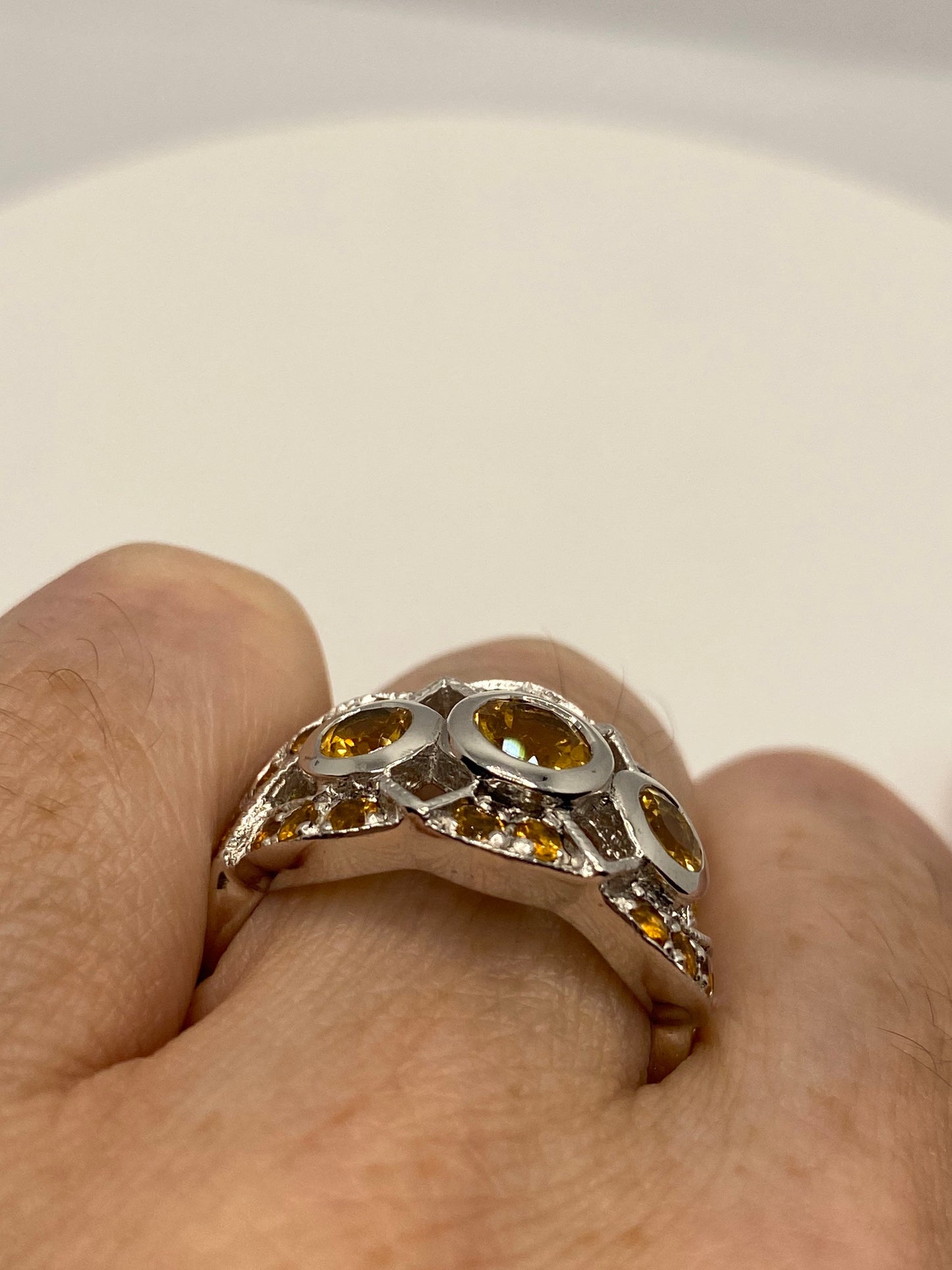 Vintage Golden Citrine 925 Sterling Silver Cocktail Ring