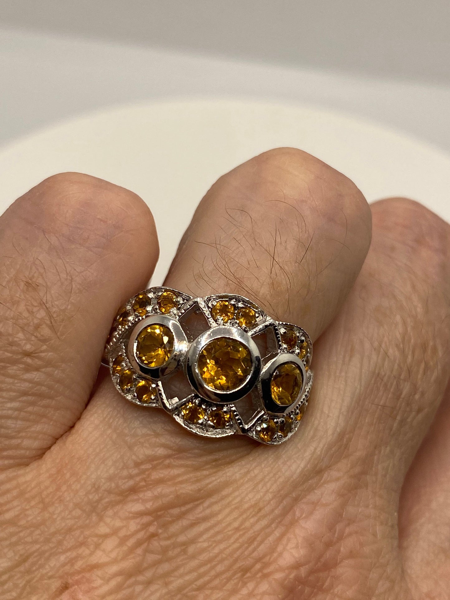 Vintage Golden Citrine 925 Sterling Silver Cocktail Ring