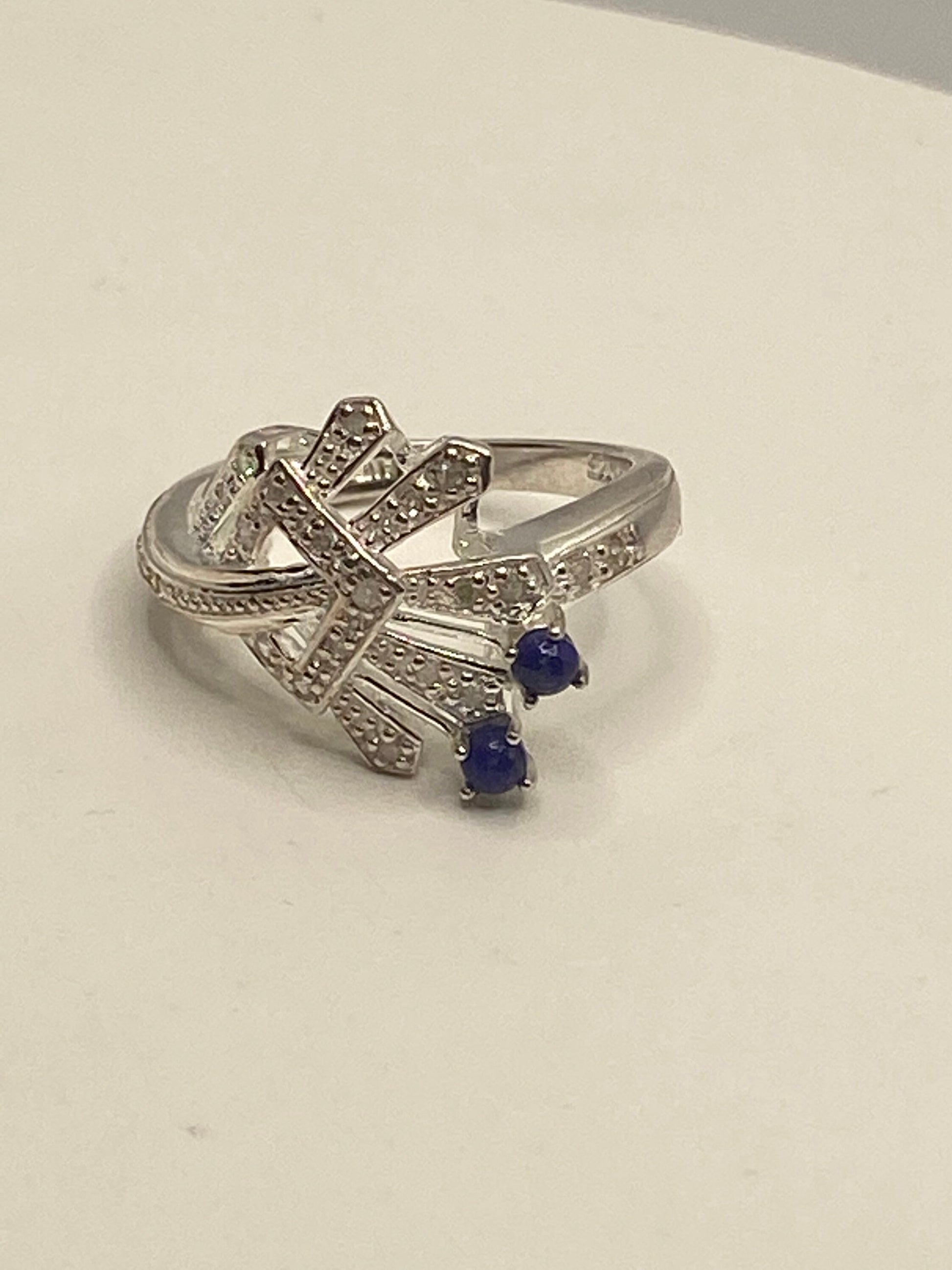 Vintage Handmade Deep Blue and White Sapphire 925 Sterling Silver Gothic Ring