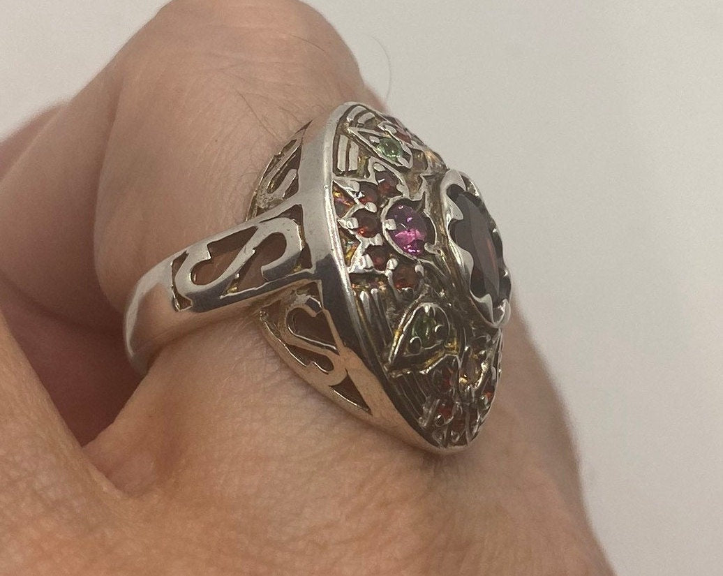 Vintage Mixed Genuine Gemstones 925 Sterling Silver Band Ring