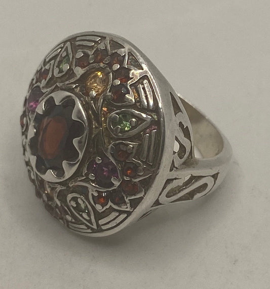 Vintage Mixed Genuine Gemstones 925 Sterling Silver Band Ring