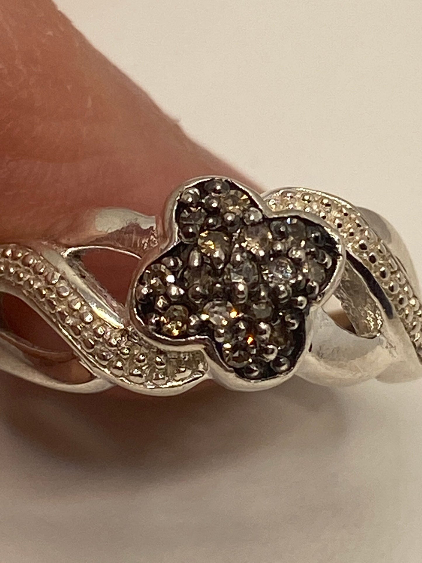 Vintage Champaign Diamond and White Sapphire 925 Sterling Silver Cocktail Flower Ring