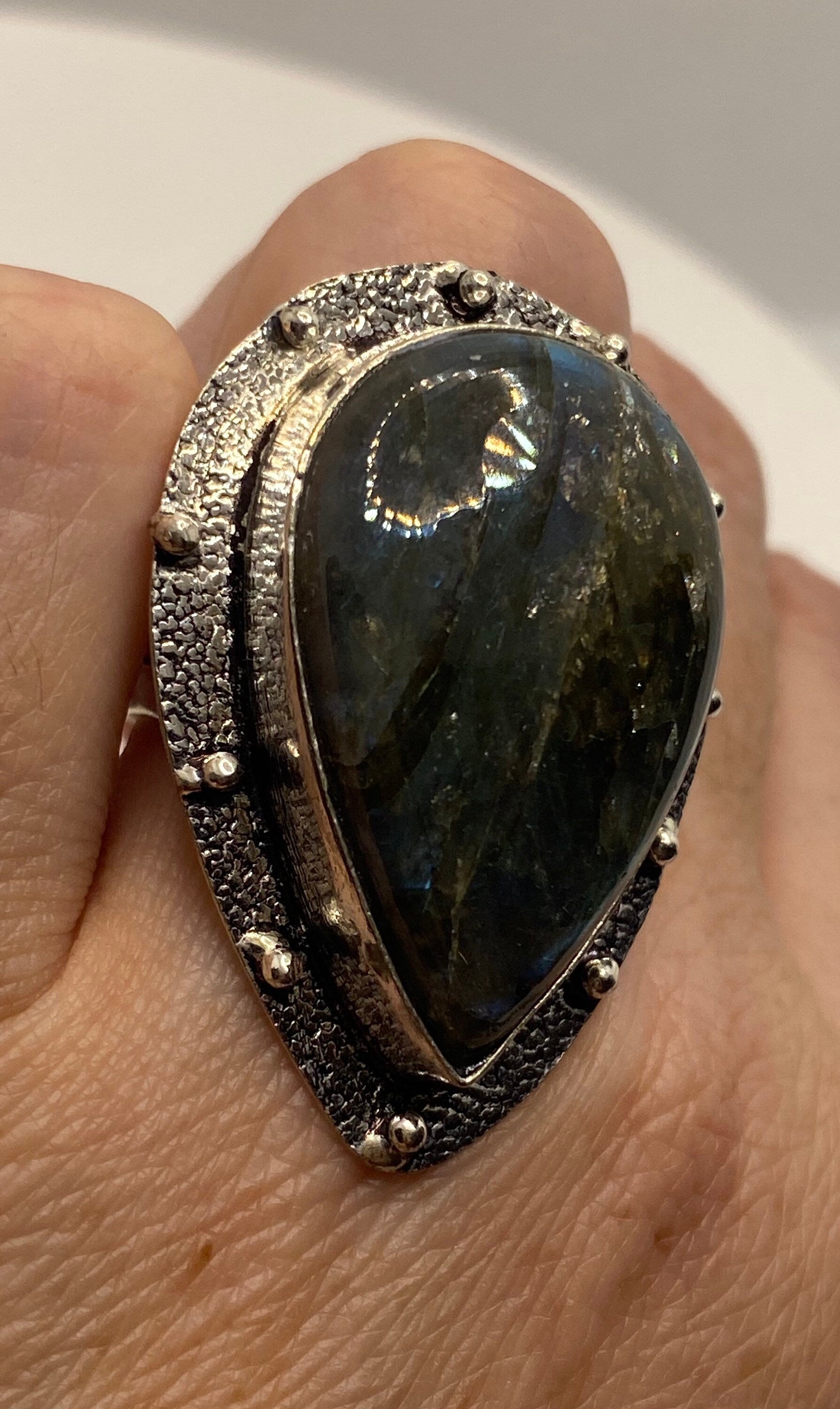 Vintage Large Labradorite Rainbow Moonstone Stone Silver Ring Size 8.5