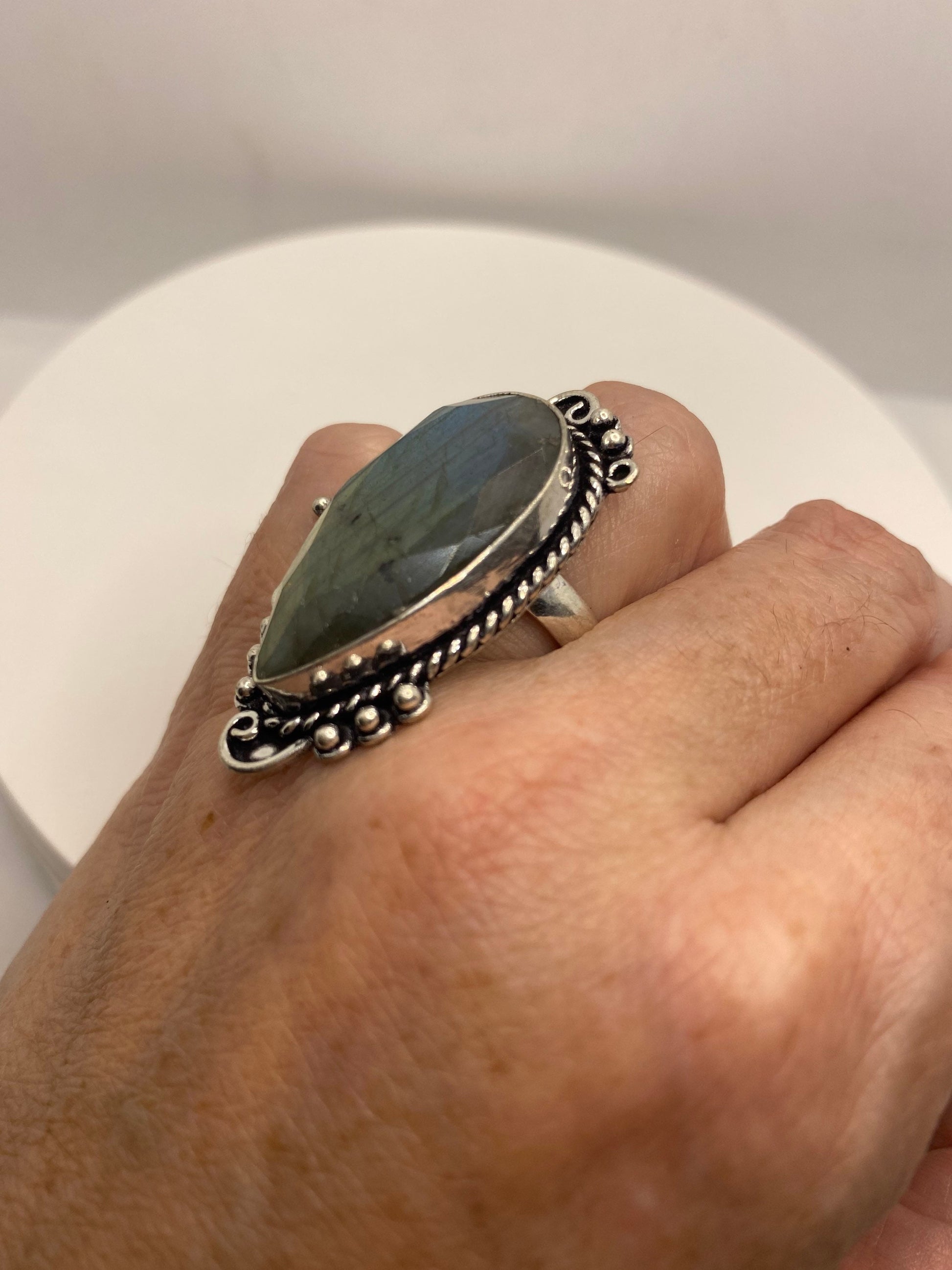 Vintage Large Labradorite Rainbow Moonstone Stone Silver Ring Size 8.5