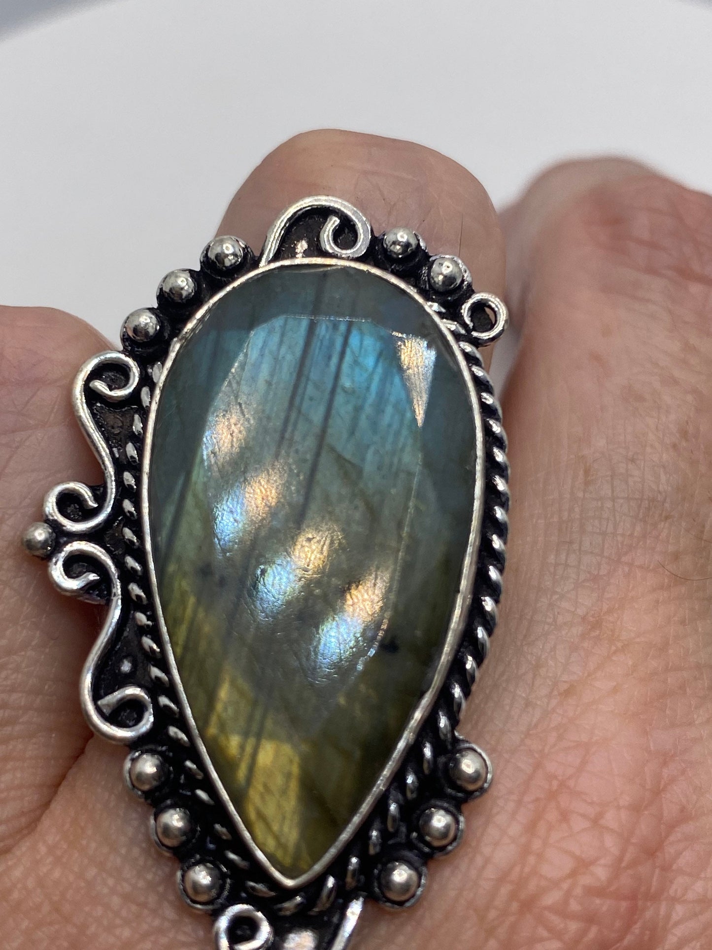 Vintage Large Labradorite Rainbow Moonstone Stone Silver Ring Size 8.5