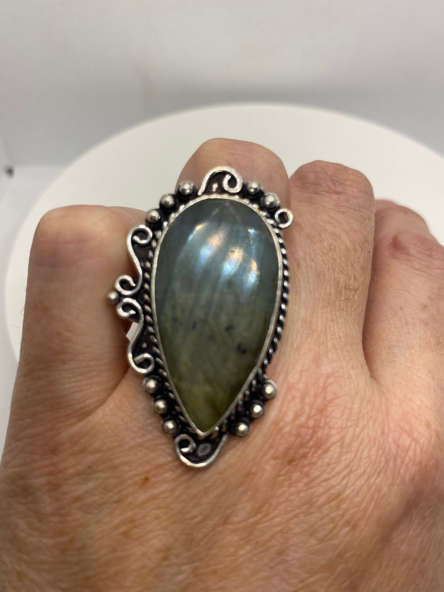 Vintage Large Labradorite Rainbow Moonstone Stone Silver Ring Size 8.5