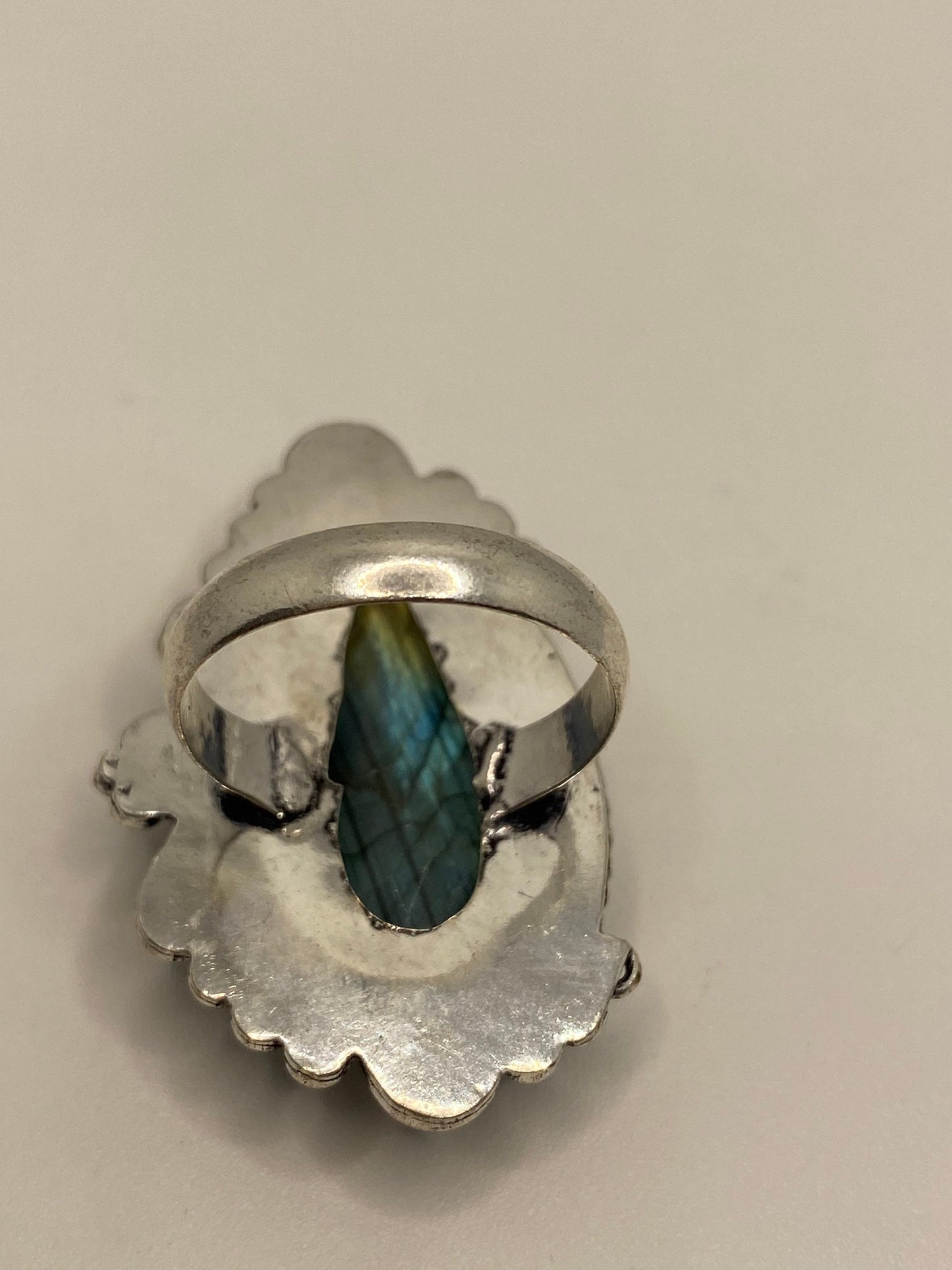 Vintage Large Labradorite Rainbow Moonstone Stone Silver Ring Size 8.5