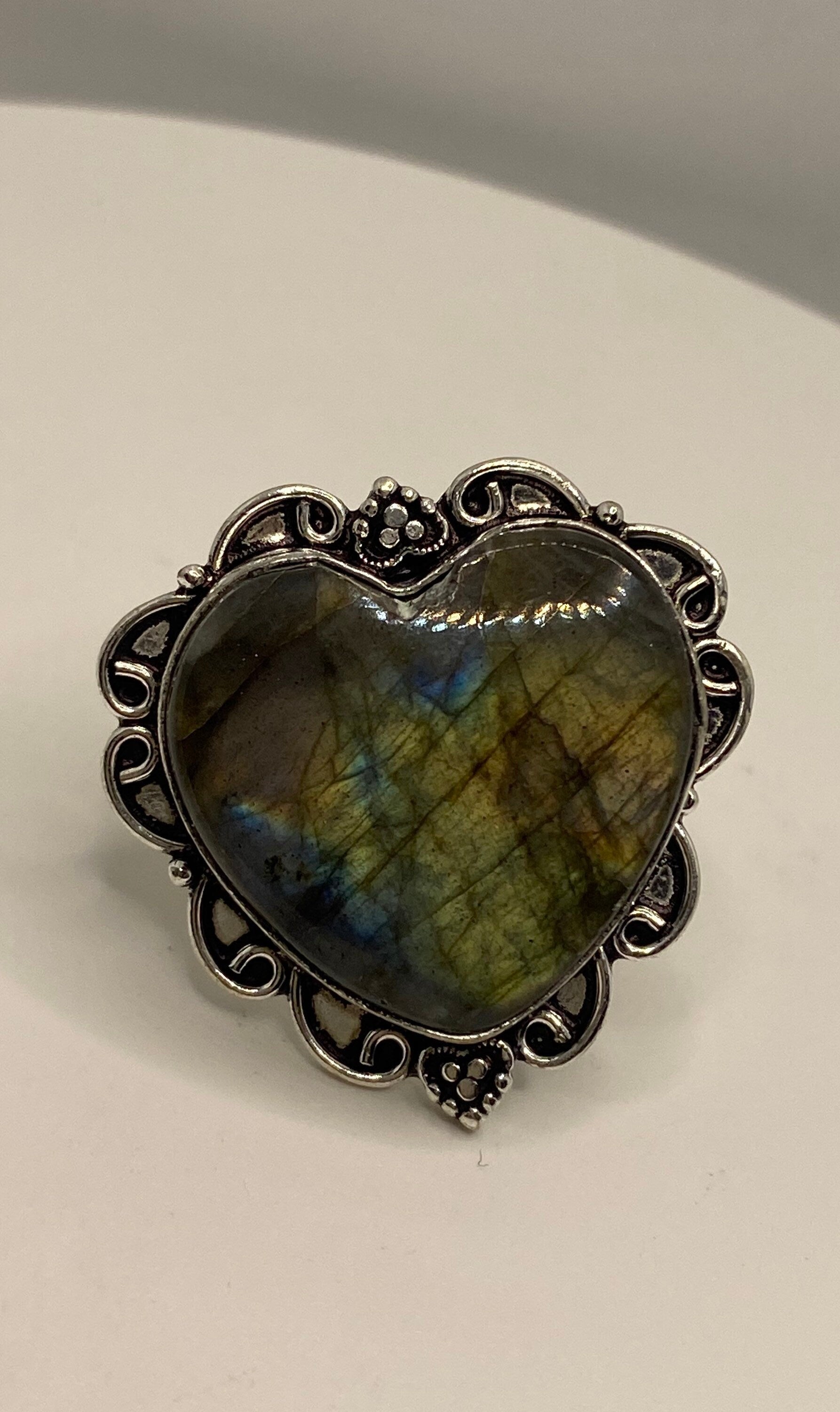 Vintage Heart Labradorite Silver Ring Size 7