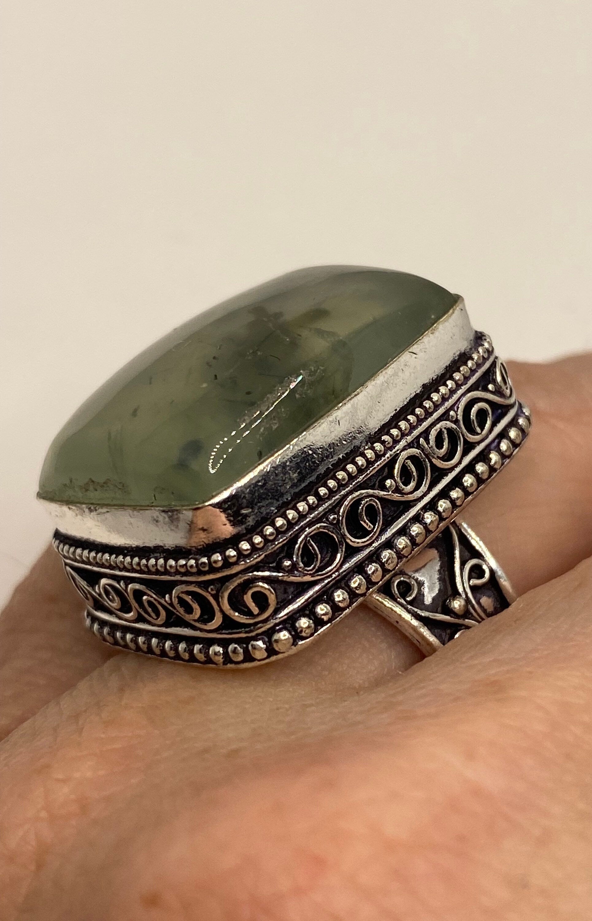 Vintage Green Moss Agate Ring Statement Cocktail Size 8