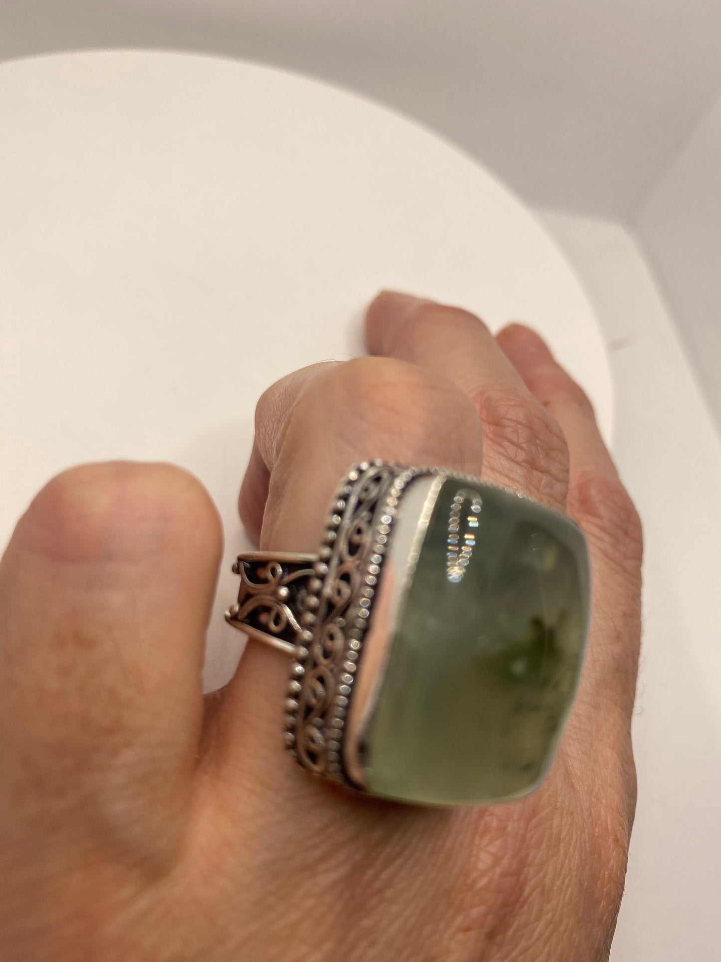 Vintage Green Moss Agate Ring Statement Cocktail Size 8