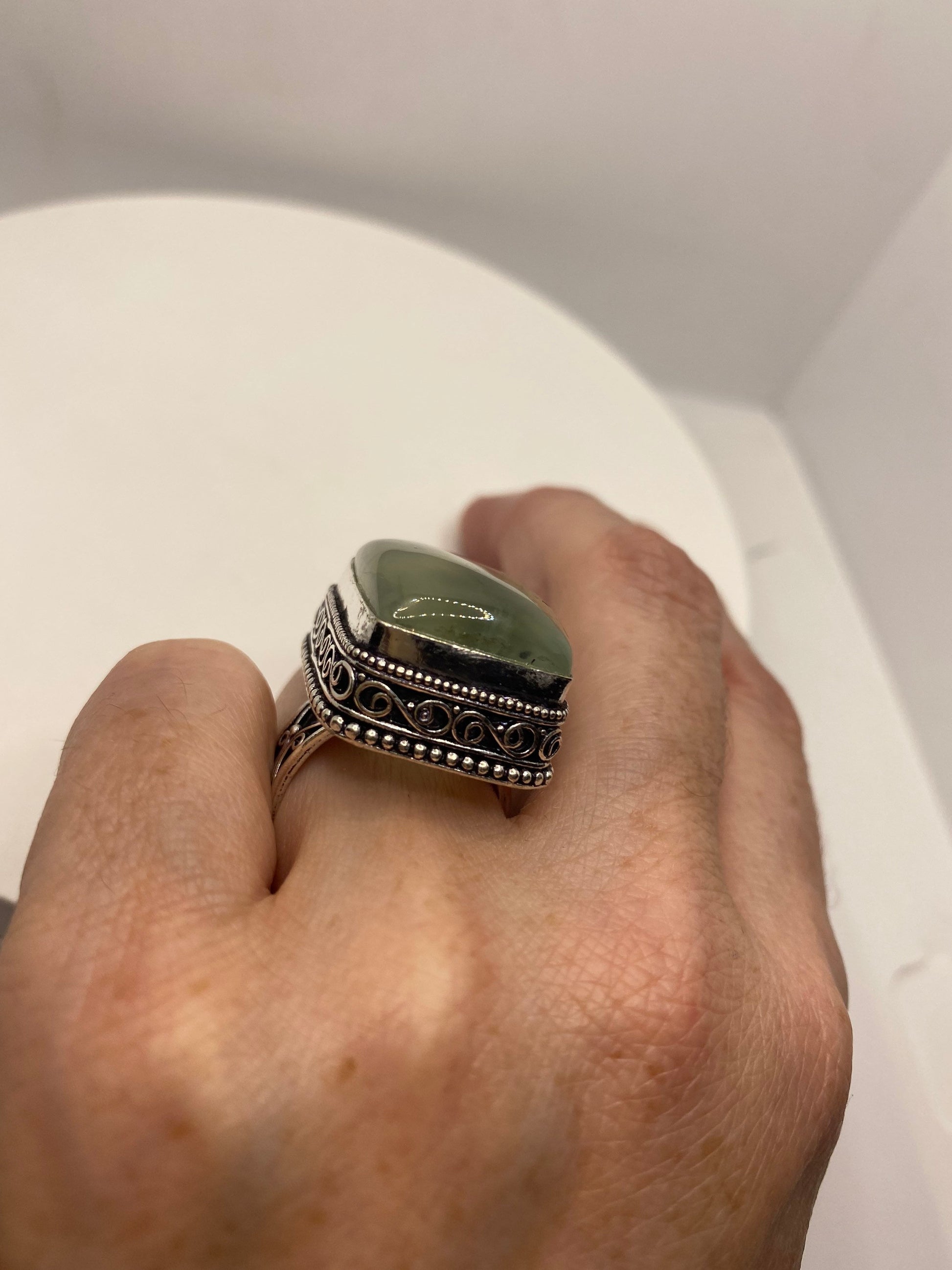 Vintage Green Moss Agate Ring Statement Cocktail Size 8