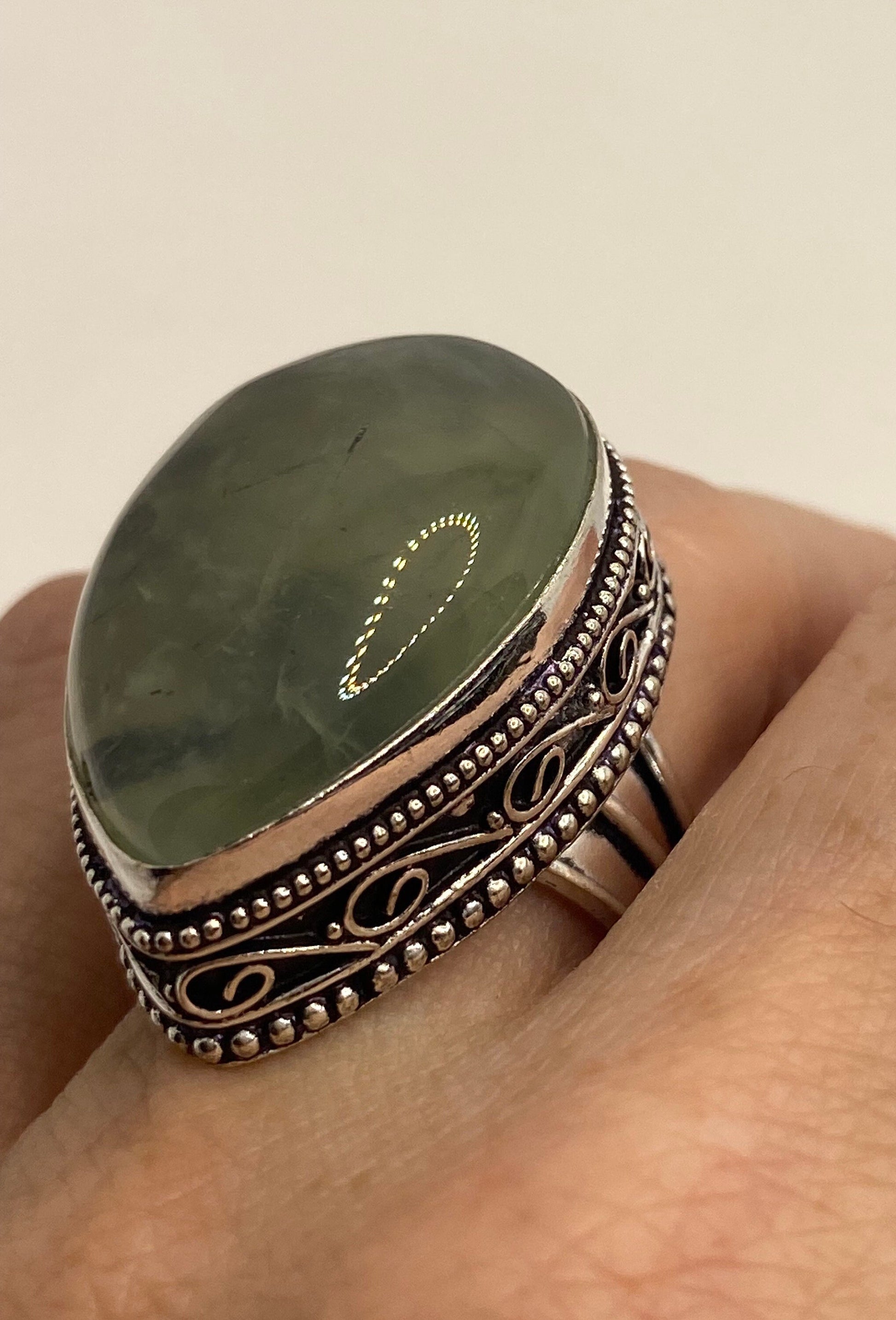 Vintage Green Moss Agate Ring Statement Cocktail Size 7