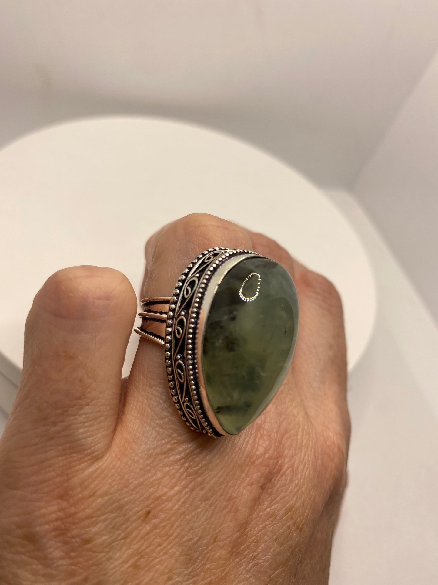 Vintage Green Moss Agate Ring Statement Cocktail Size 7