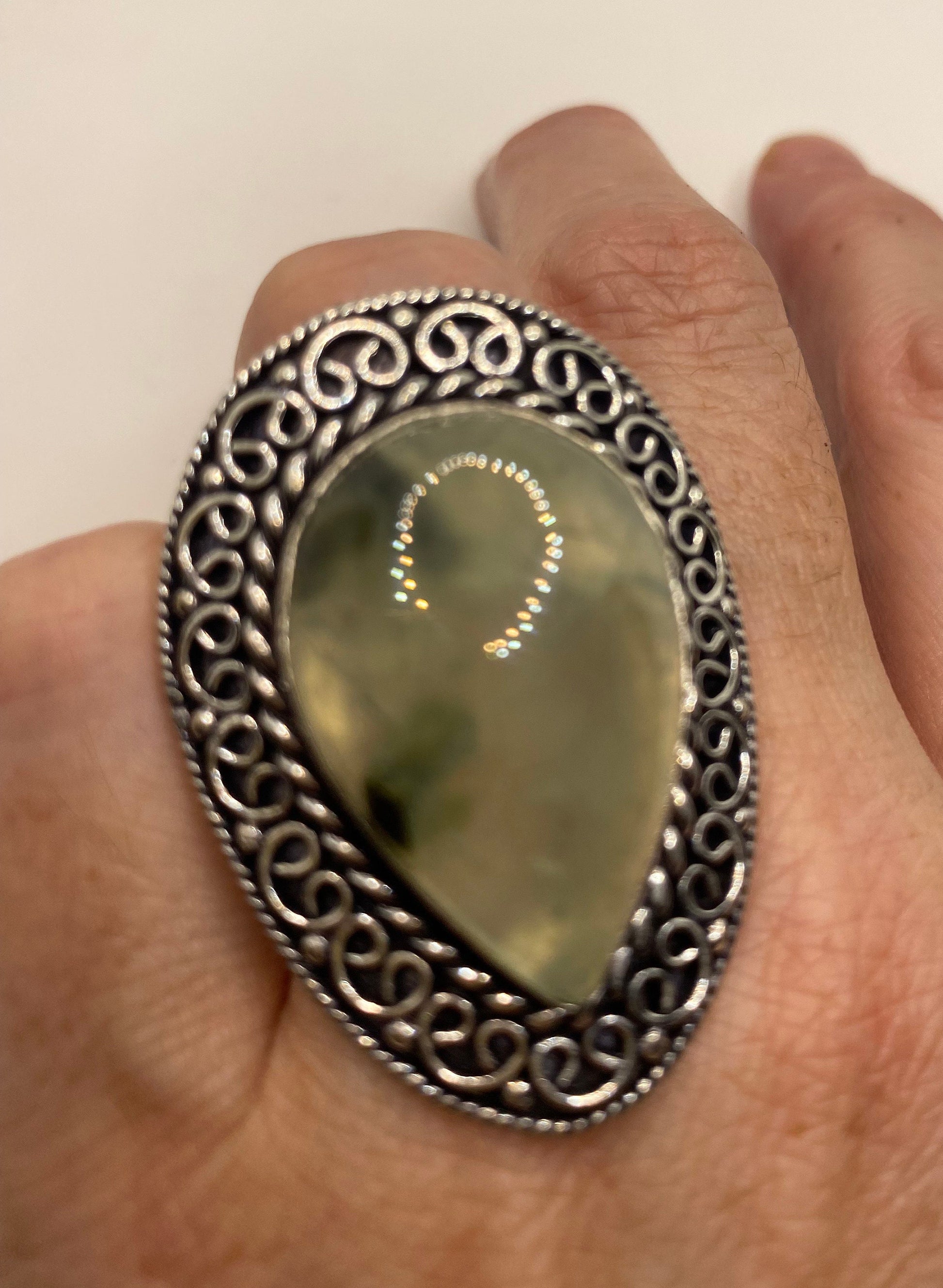 Vintage Green Moss Agate Ring Statement Cocktail Size 8.5