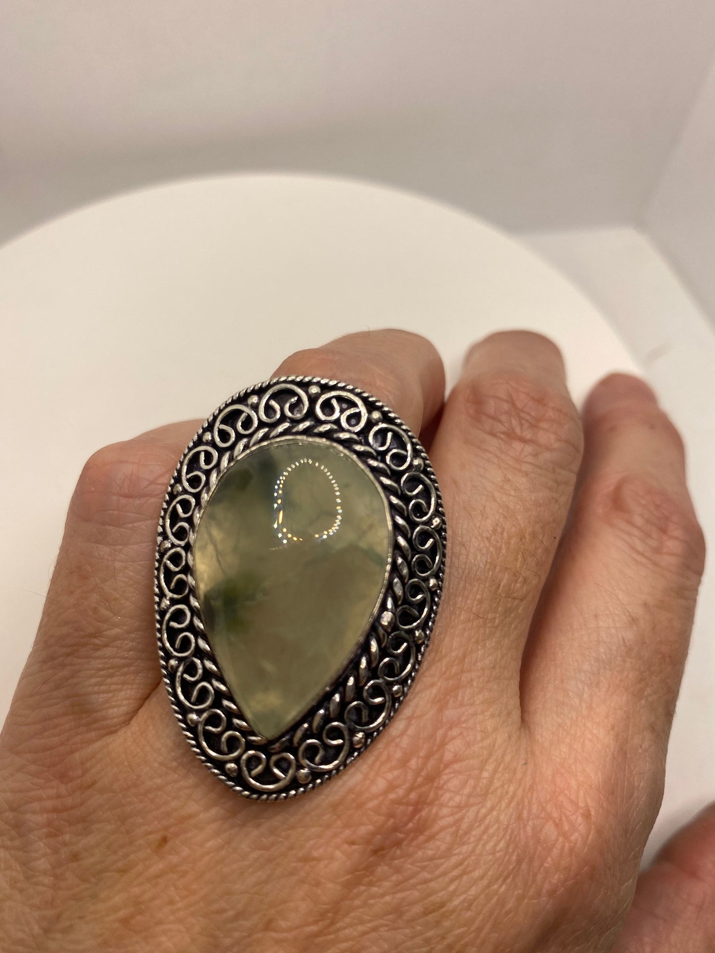 Vintage Green Moss Agate Ring Statement Cocktail Size 8.5