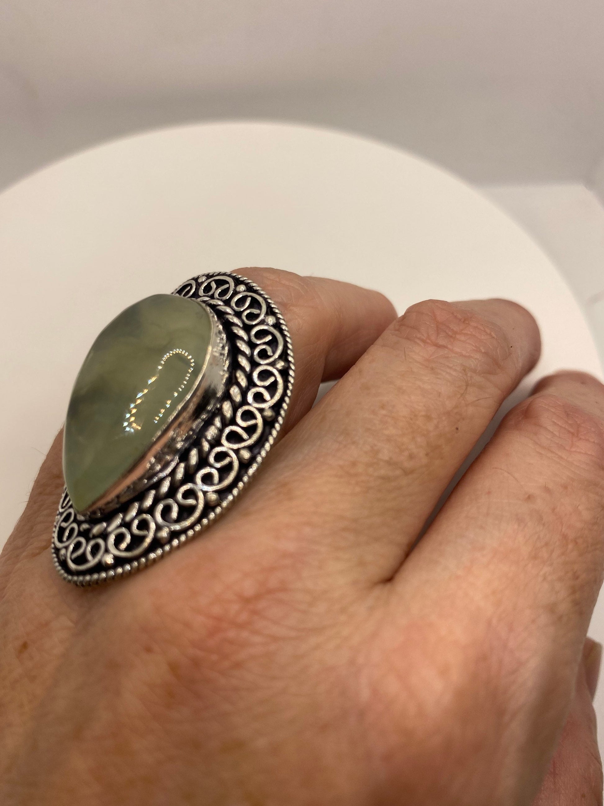 Vintage Green Moss Agate Ring Statement Cocktail Size 8.5