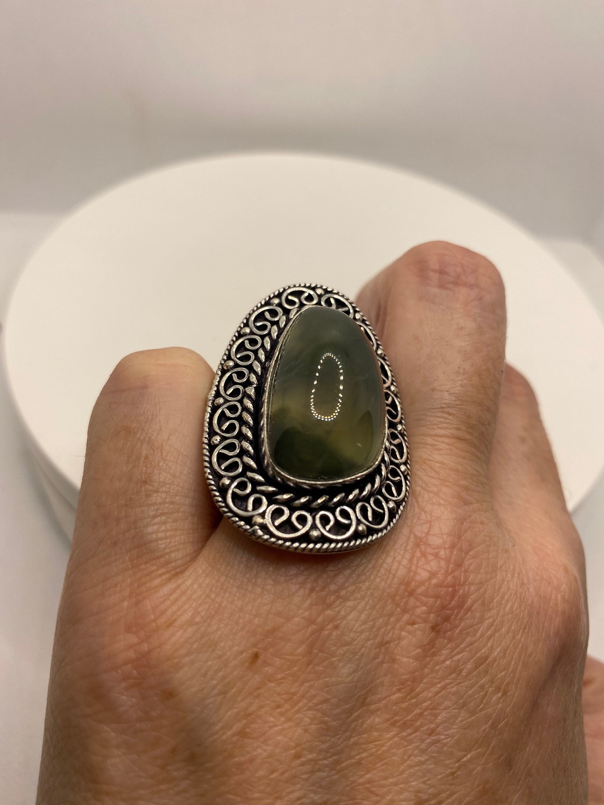 Vintage Green Moss Agate Ring Statement Cocktail Size 6